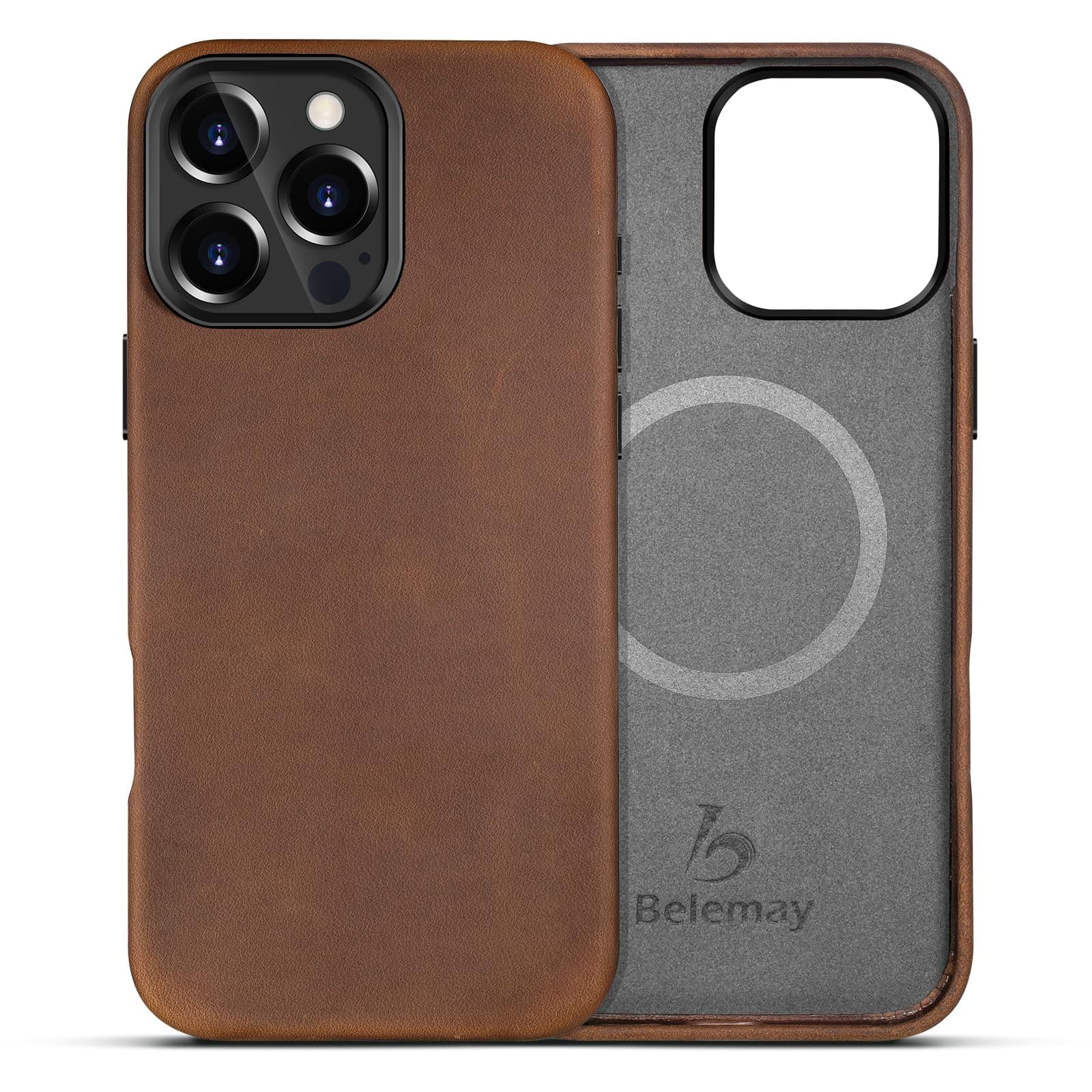 - Belemay Compatible with iPhone 16 Pro Leather Case, Compatible with Magsafe, Premium Crazy Horse Leather [Vintage Aesthetic] Comfort Grip, Metal Buttons & Camera Bump Frame, (6.3") Classic Brown