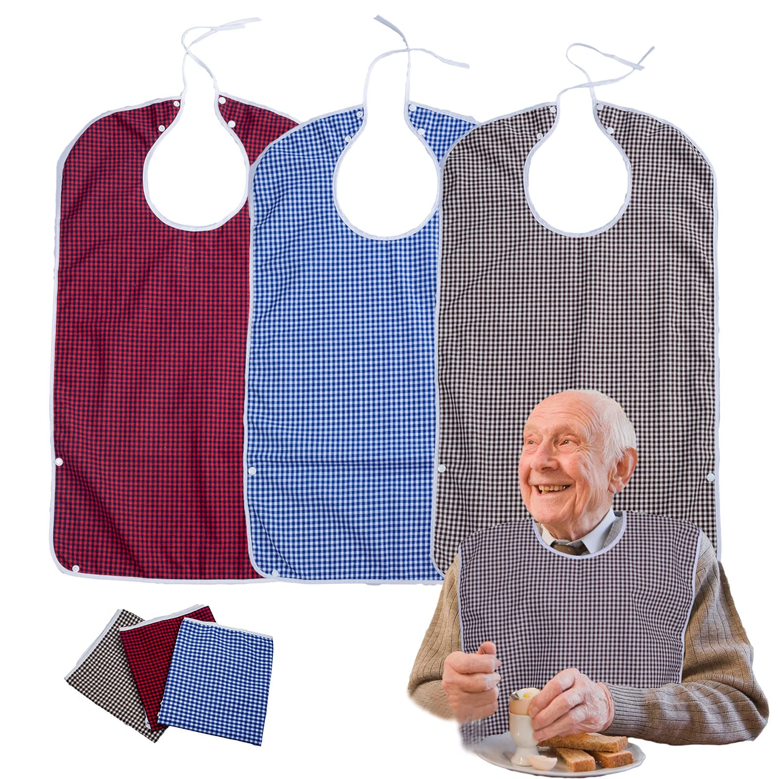 OUDI LINE3PK Adult Bibs for Eating-Washable Reusable Waterproof Clothing Protector with Crumb Catcher-Large Adult Feeding Bibs Clothing Protector(Red, brown, blue plaid), X