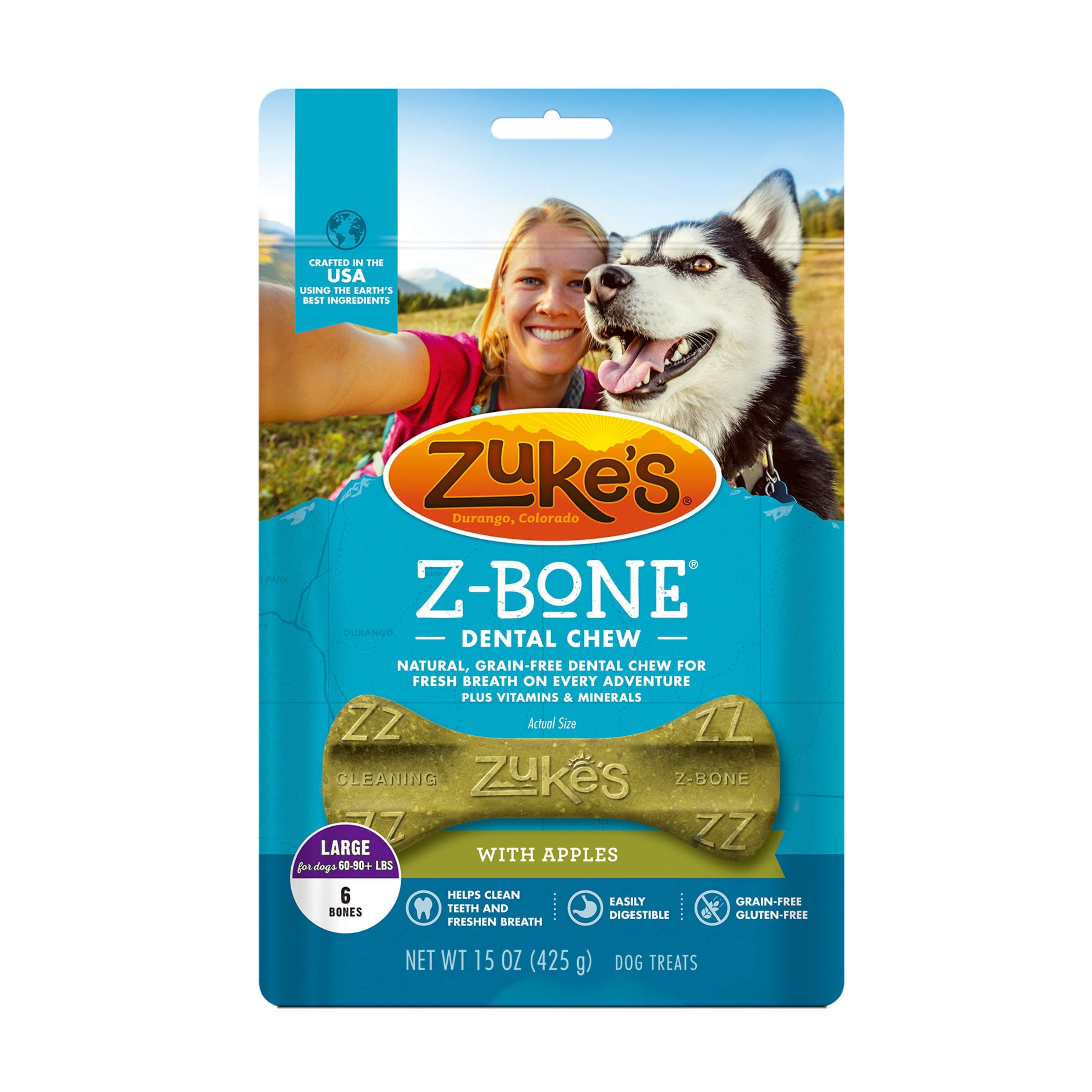 Zuke's Large Z-Bone Grain Free Dental Chew Dog Treats With Apples - 15 oz. Bag (82435)