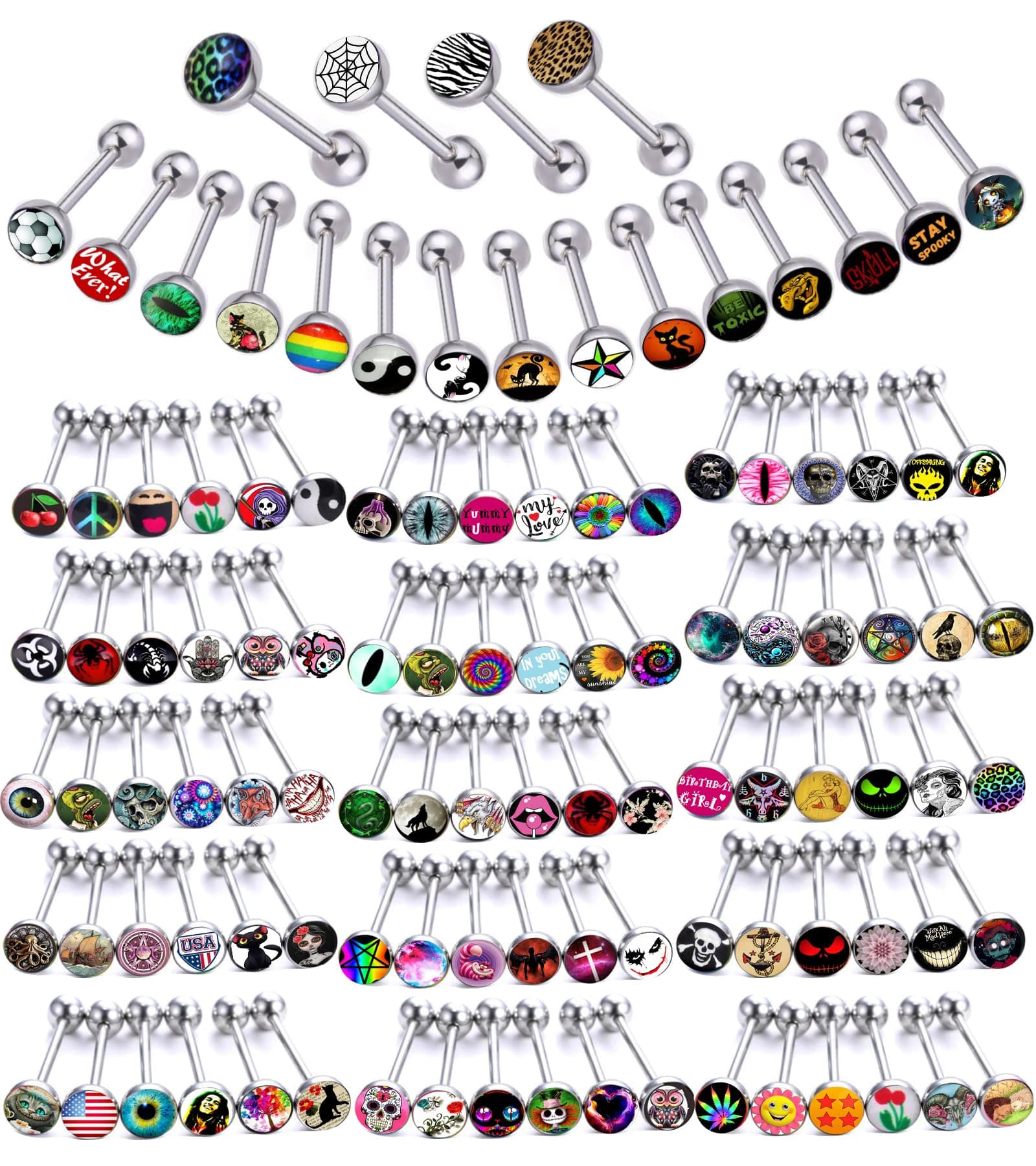Lot of Surgical Steel Metal Tongue Rings Barbells Tongue Piercing Bar Nasty Wordings Picture Logo Signs 14g - Length 5/8" or 16mm