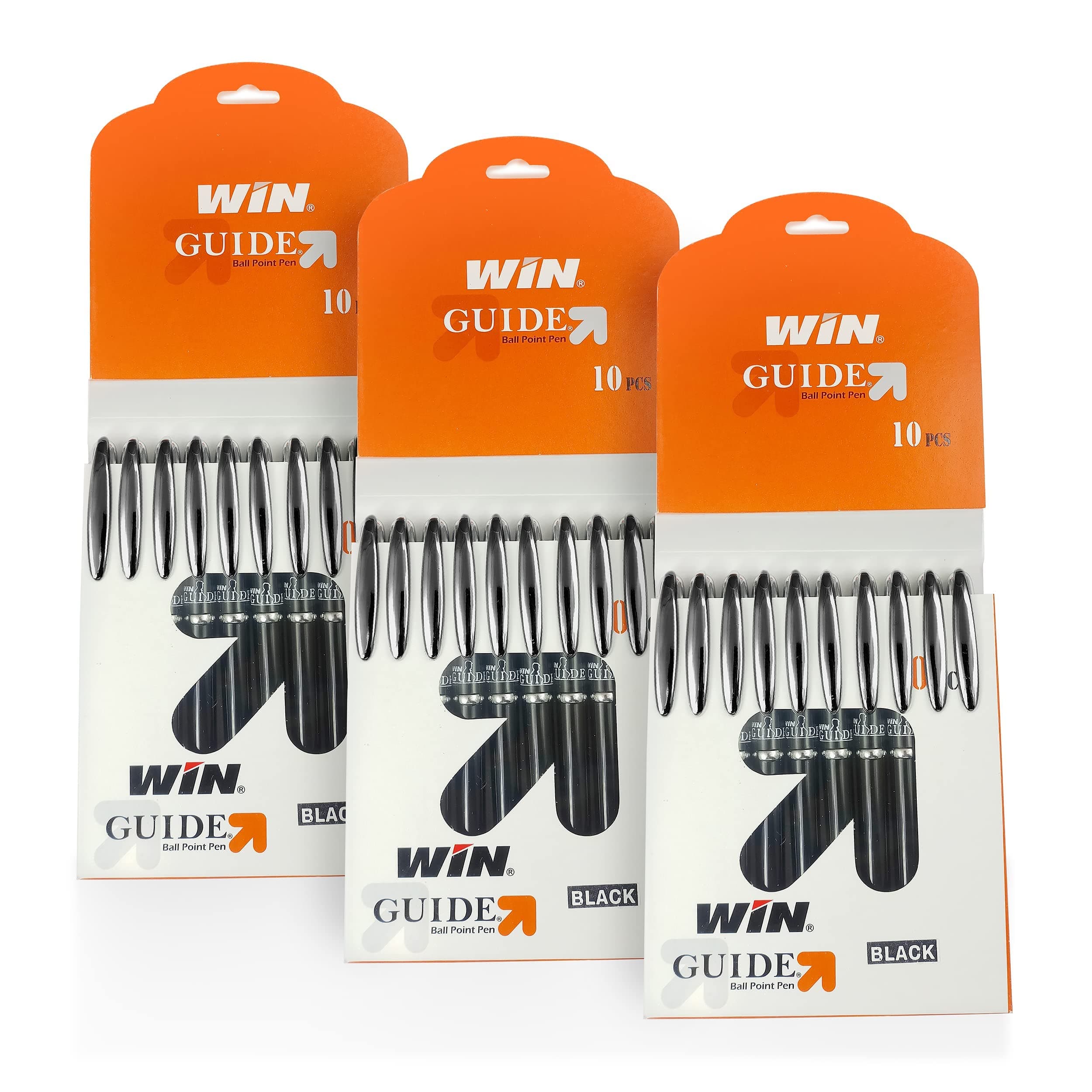 WIN Guide Ball Pens | 30 Black Ink Pens | Premium Pens with Stylish Metallic Clip | 0.6 mm Sharp Tip | Smooth Writing | Lightweight Body Available in Black Colour | Pens for Students