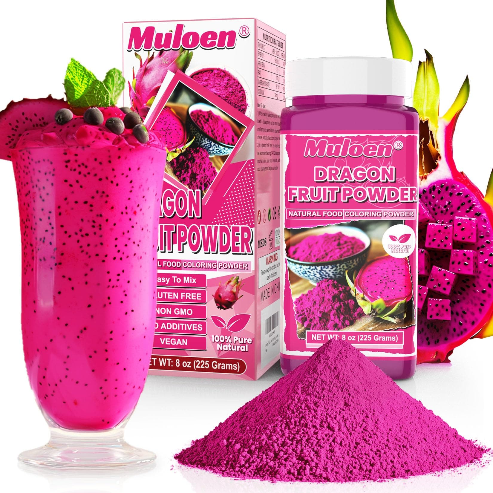 Dragon Fruit Powder - 8 oz Natural Fruit Powder, Pink Food Coloring, Gluten Free Dragonfruit Powder, Food Dye for Smoothie & Beverages, Drinks, Food, Shakes, Yogurt