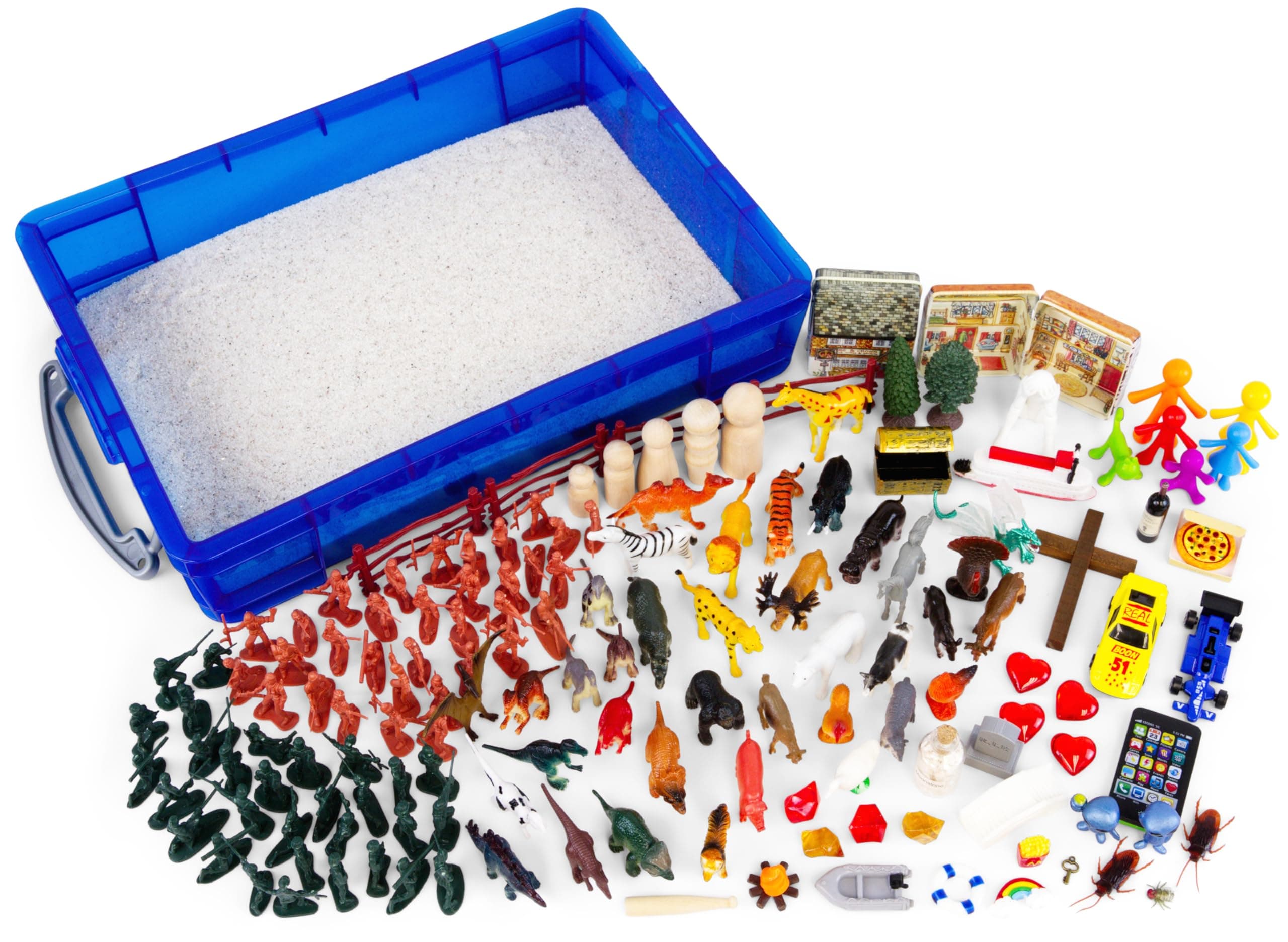 Play Therapy Supply Basic Portable Sand Tray Starter Kit with Tray, Sand, and 150+ Miniatures