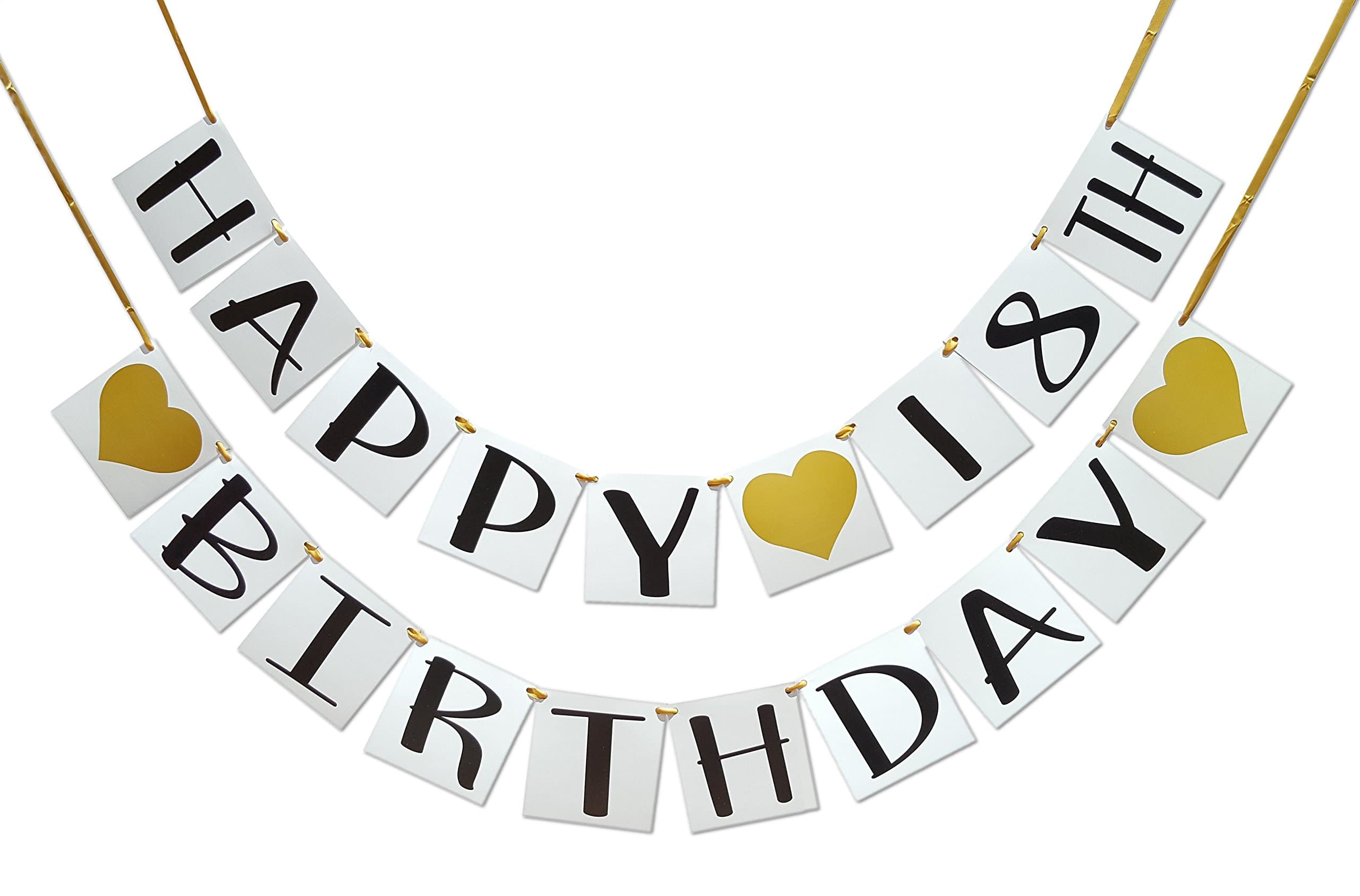 Happy 18th Birthday Banner - Gold Hearts and Ribbon - Birthday Decorations