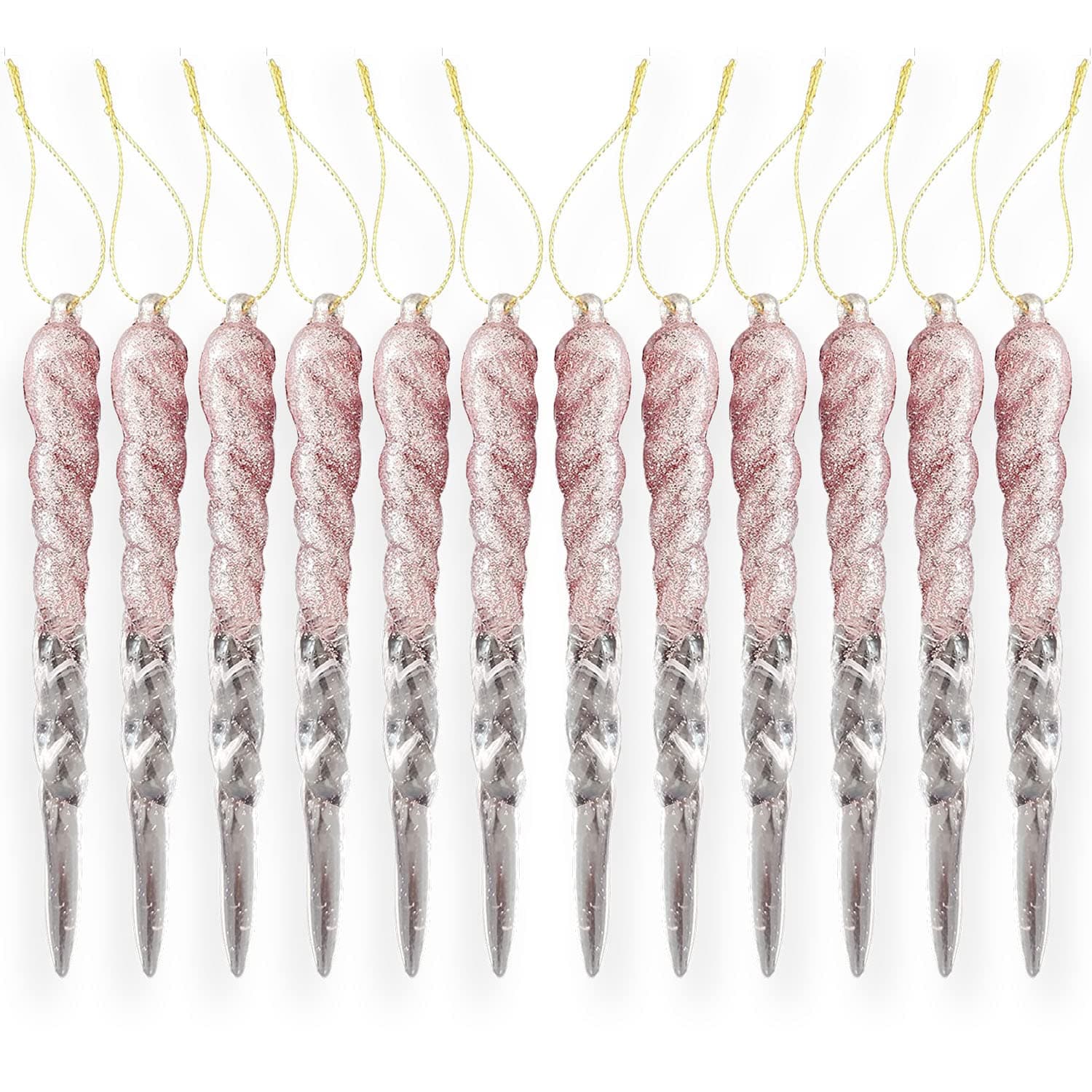 AKH® 13CM / 5" Christmas Hanging Icicles | Icicles Ornaments Bubbles Christmas Tree Decorations | Pack of 12 | Glitter Baubles Christmas Tree Icicle Decorations Hanging (Rose Gold)