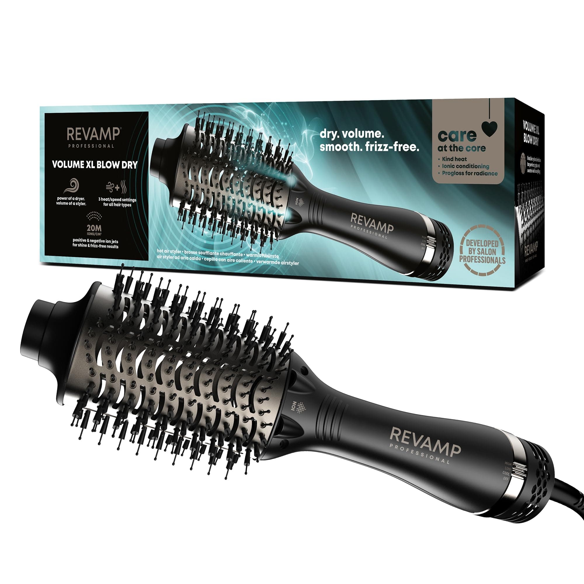 REVAMP Progloss Perfect Blow Dry Air Styler - 4 in 1 Multifunctional Professional Drying, Detangling and Styling Blow Dryer Brush, Salon Professional Volumiser, Lightweight, Ceramic Barrel, 1200 W