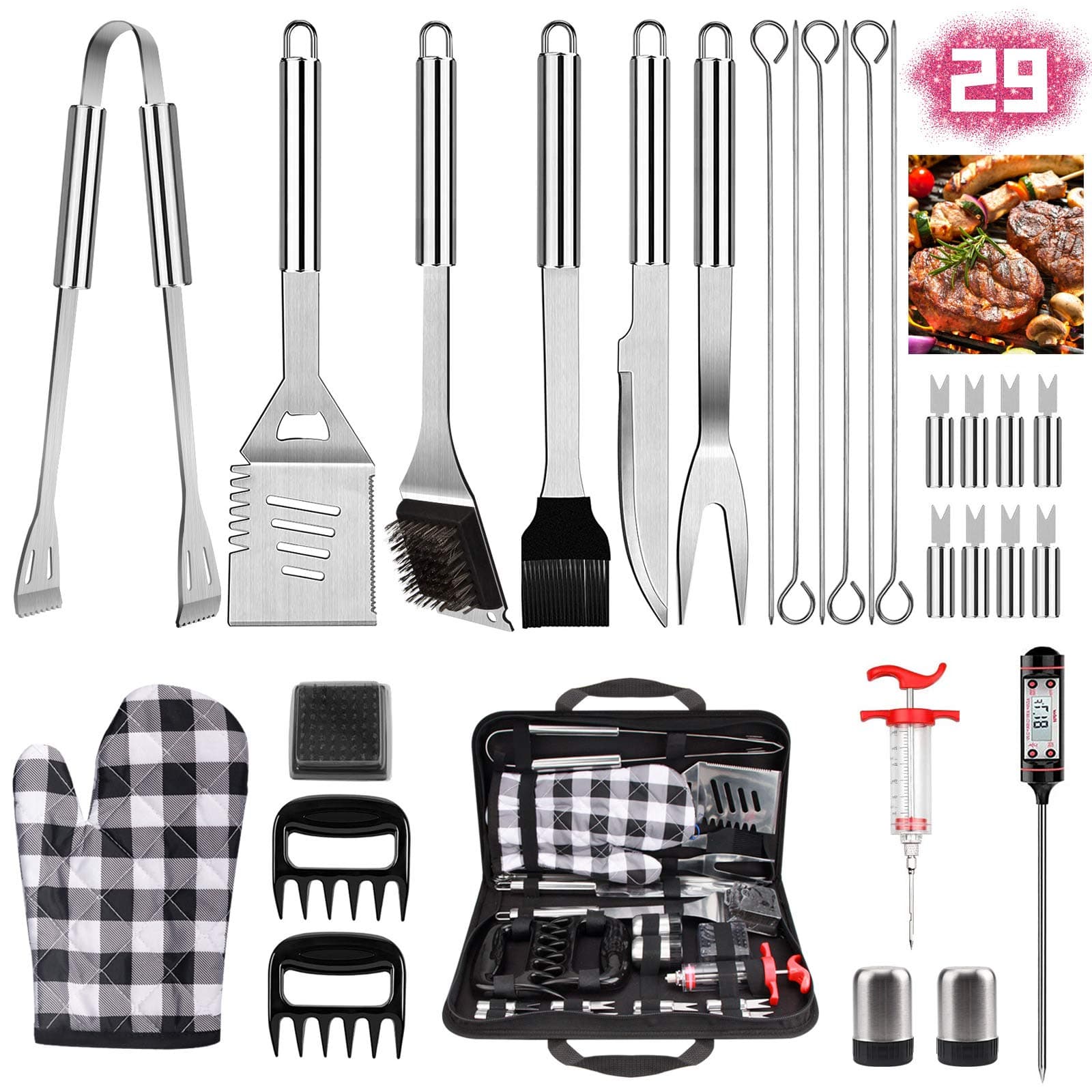 29pcs Grilling Accessories Kit for Men Women, Stainless Steel Heavy Duty BBQ Tools with Glove and Corkscrew, Grill Utensils Set in Portable Canvas Bag for Outdoor,Camping,Backyard, Perfect Grill Gift