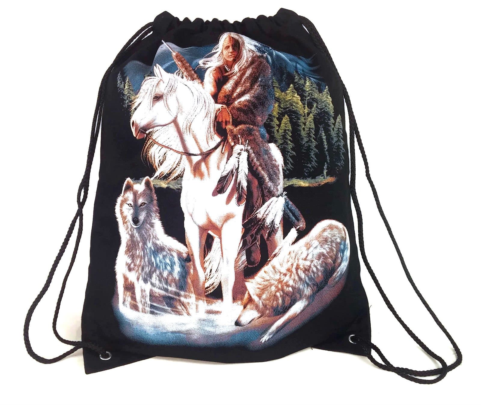 Drawstring Bag Backpack Cotton Canvas Reversible Print 20" x 15" (Native American Wolf)