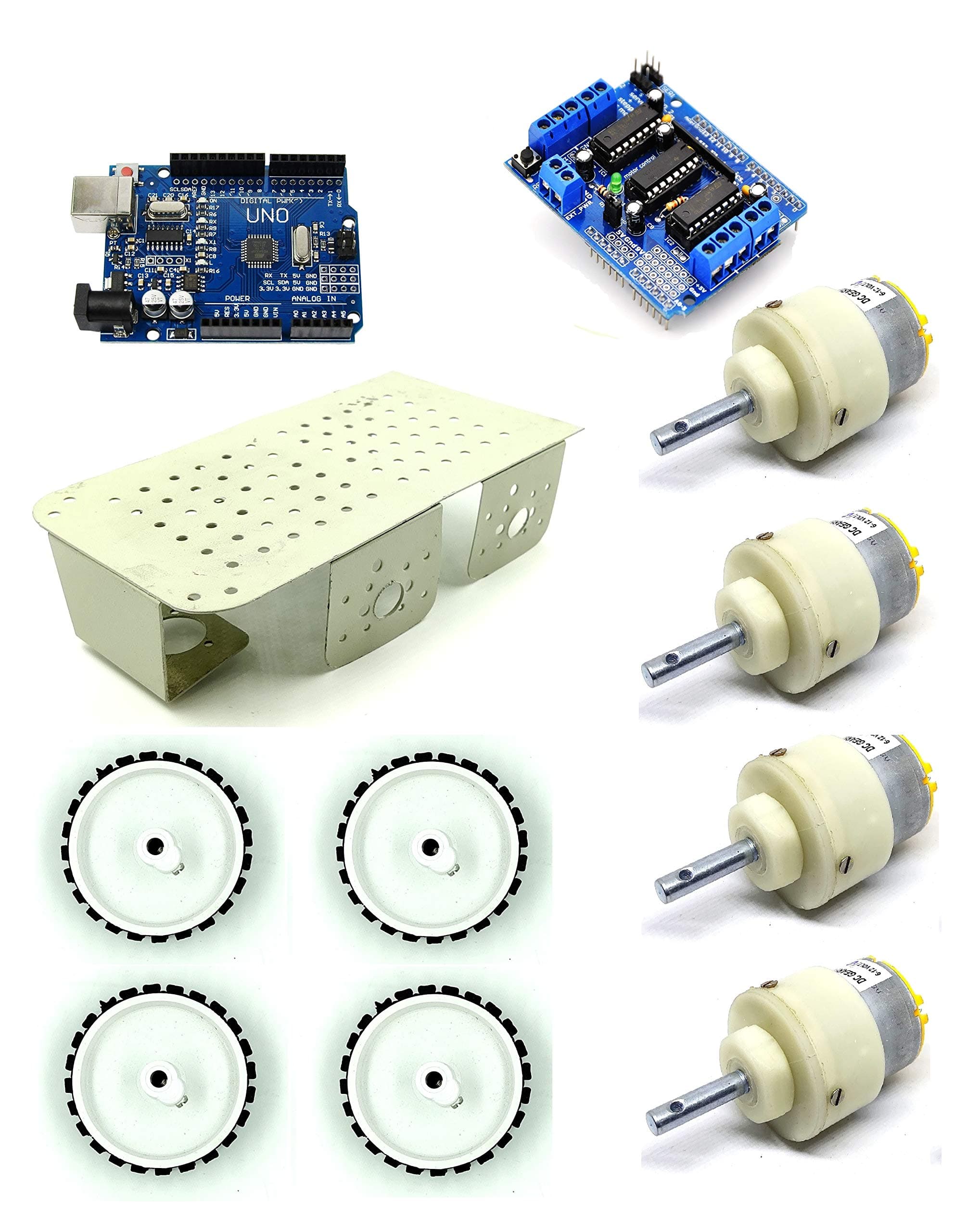 INVENTO Metal Chassis 4 Wheel 200x105x50mm + 150 RPM DC Motor + 55x20 mm Wheel + Arduino UNO R3 + L293D Shield Smart Car DIY Kit