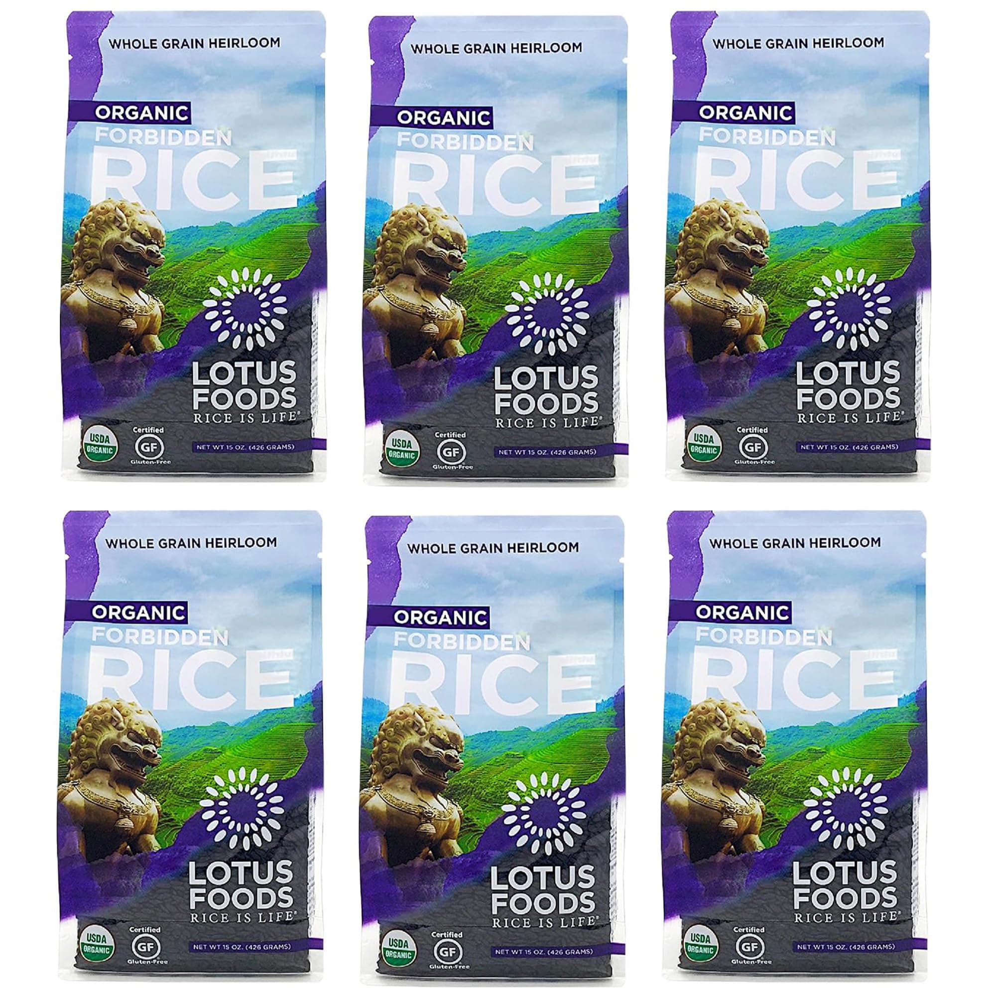 Lotus Foods Bulk Organic Forbidden Rice - Black Rice Organic, Purple Rice, Black Rice Bulk, Gluten Free Heirloom Rice, Whole Grain, Non GMO, Vegan - 15 Oz Bags (Pack of 6)