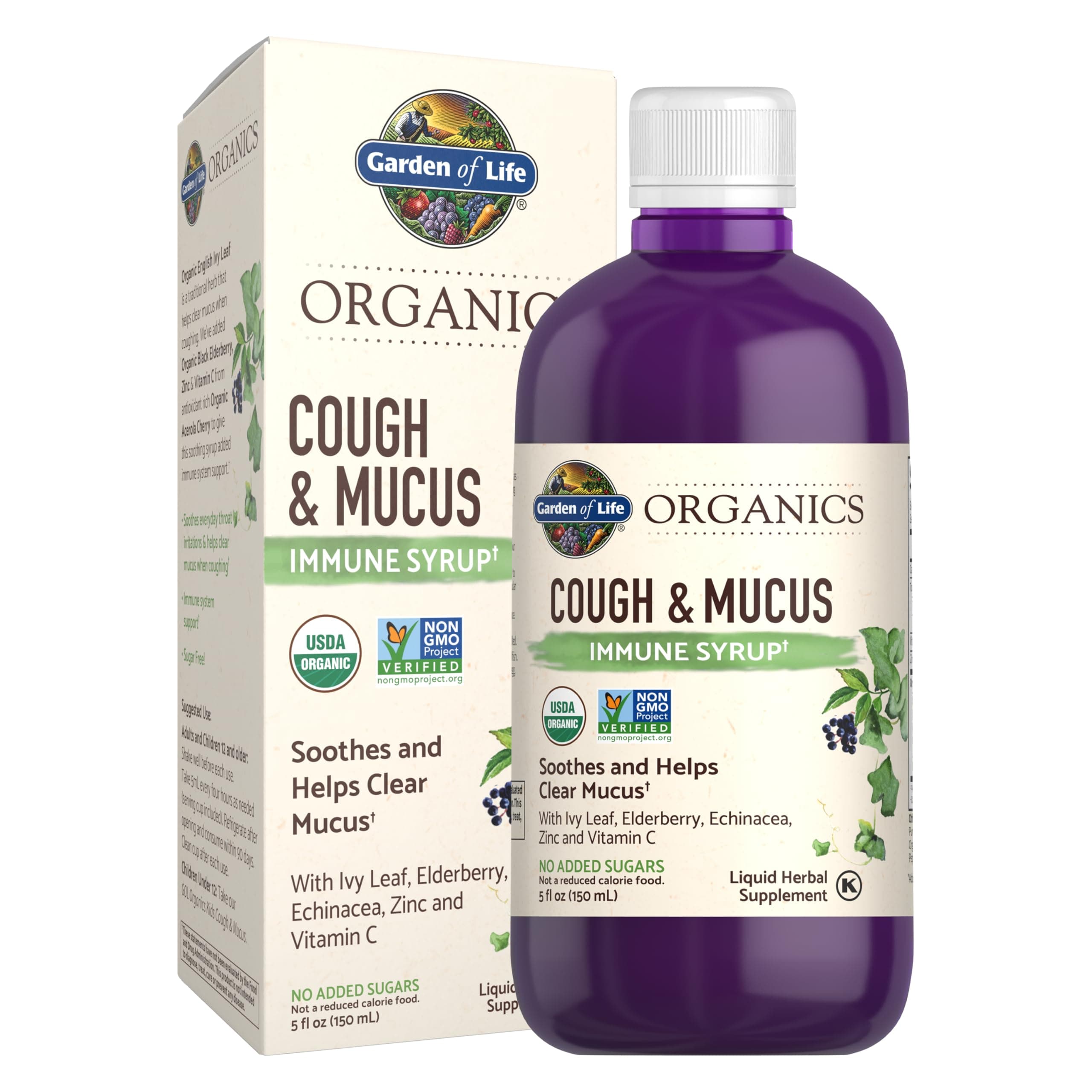 Organics Elderberry Zinc Immune Support for Adults and Kids 12 and Older, Organic Cough & Mucus Immune Syrup with Ivy Leaf, Vitamin C and Echinacea, No Added Sugars, 5 Fl oz