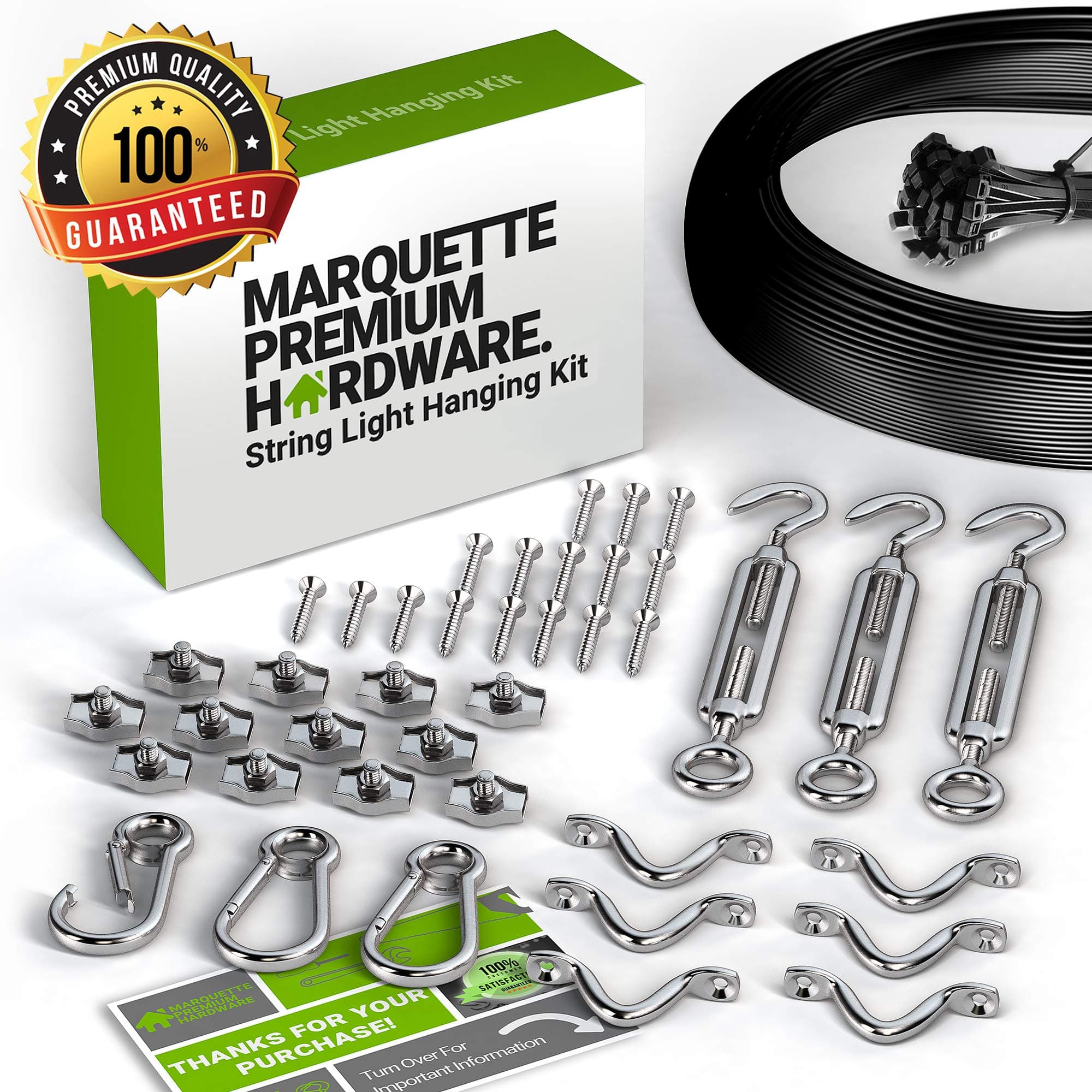 String Light Hanging Kit with Zip Ties for Easy Professional DIY Suspension of Indoor and Outdoor Globe Lights | 164 feet Stainless Steel Guide Wire Cable with Heavy-Duty Mounting Hardware