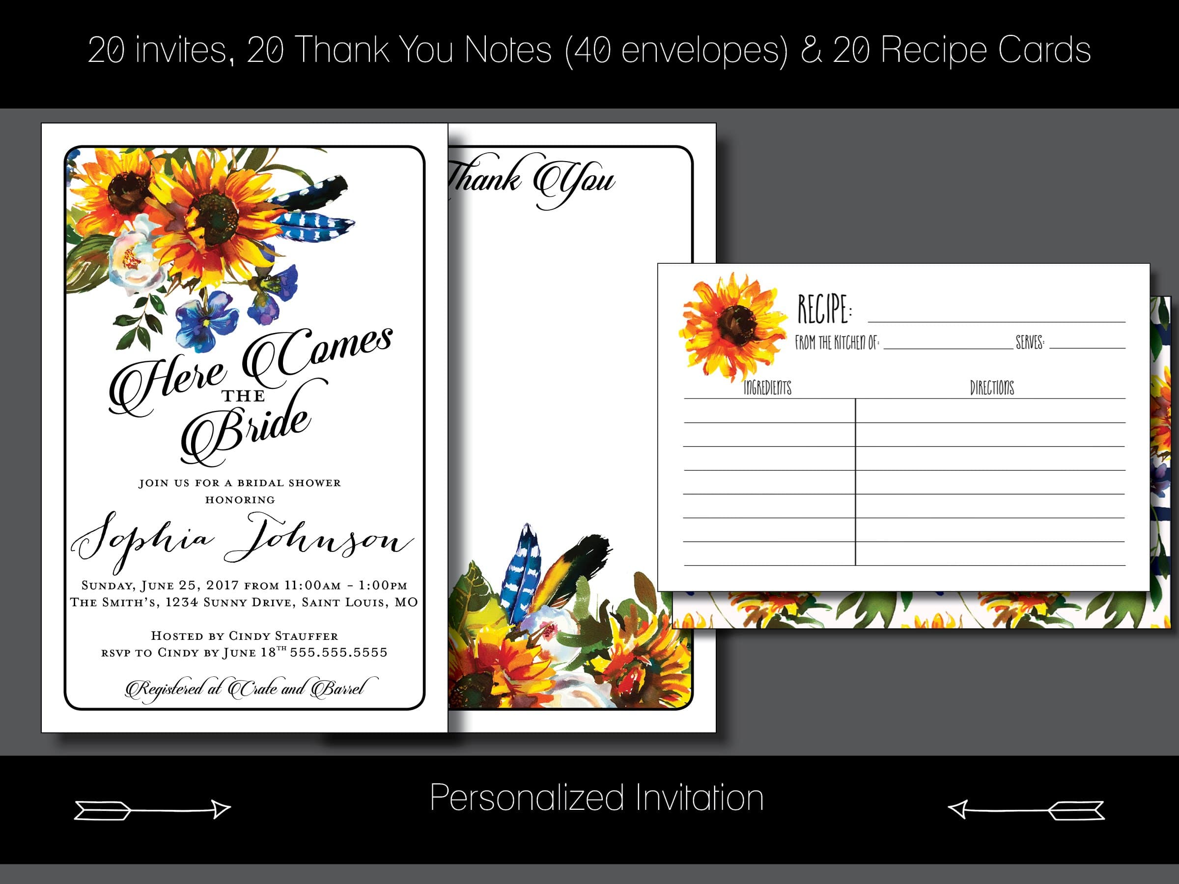 Custom Bridal Shower Invite Package - Here Comes The Bride, Sunflower, Boho, Thank You Notes, Recipe Cards - Personalized Invitation