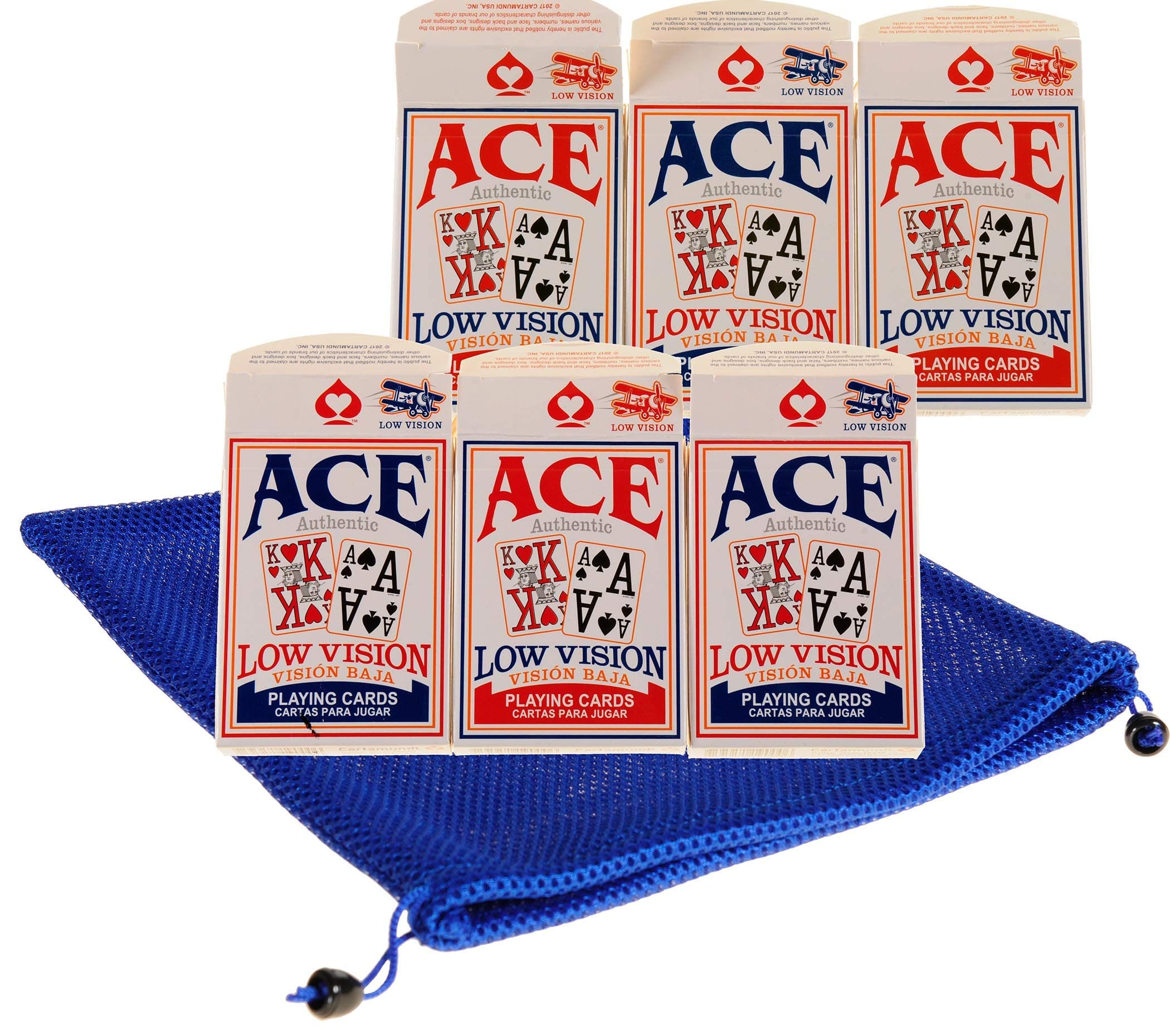Low Vision, Very Big Numbers Playing Cards, Bundle of 6 Decks , with Nylon Mesh Blue Drawstring Carry Bag, Bundled Items