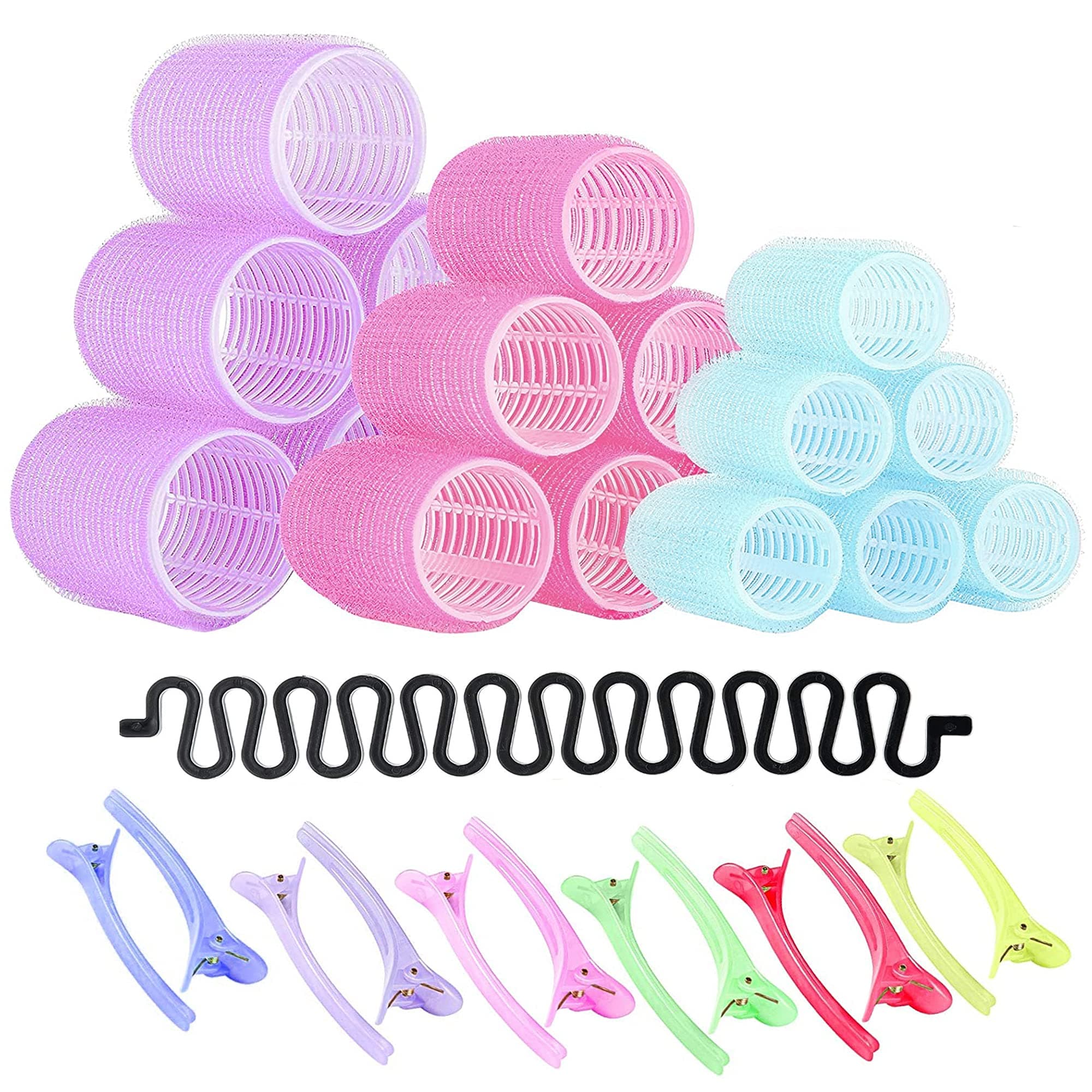 Fredy's 31 Pieces Hair Rollers Set – 18 Self Grip Velcro Hair Curlers,12 Duckbill Sectioning Clips and 1 Centipede Shape Hair Clip for Barber Salon Hair Dressing (Rollers: 44mm, 30mm and 25mm)