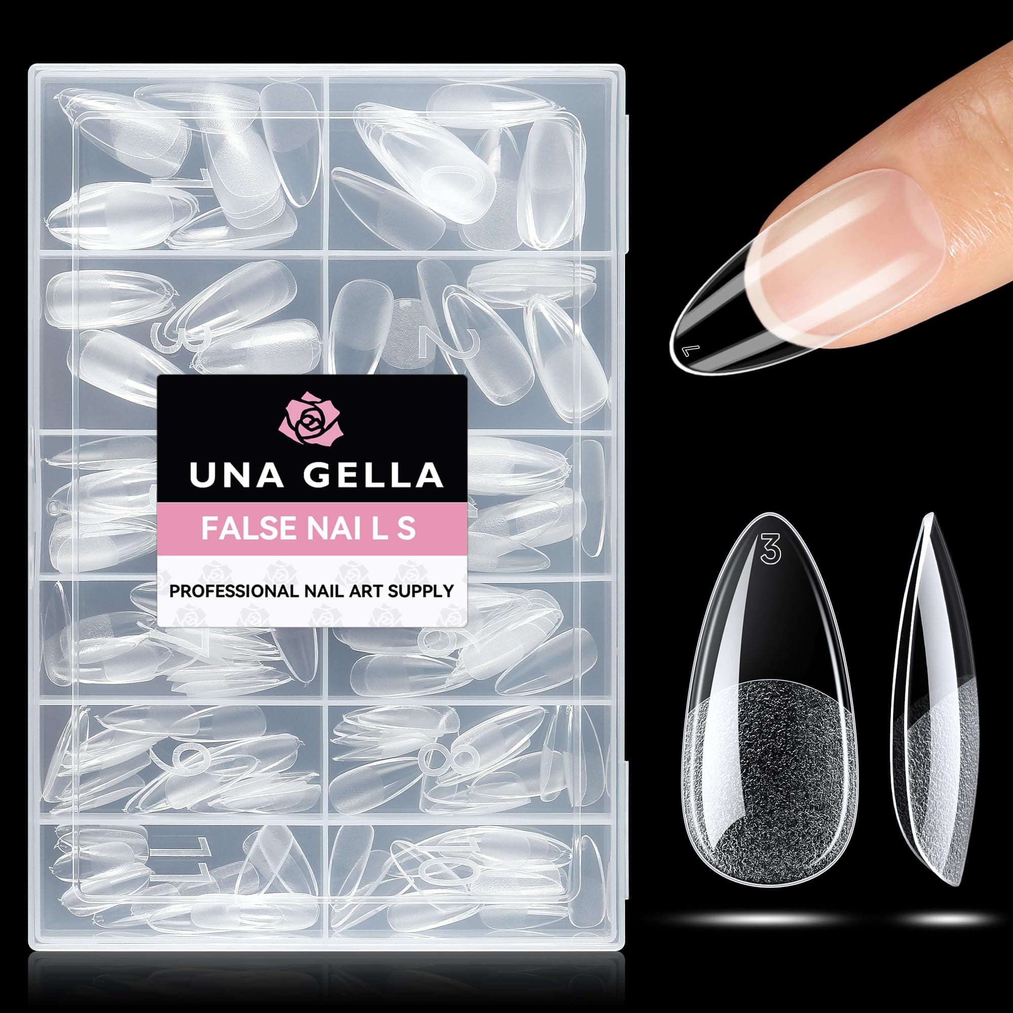 UNA GELLA Almond Nail Tips 216pcs Medium Almond Press on Nails Pre-shape Gel Fake Nails for Full Cover Acrylic French False Nails For Nail Extension, DIY Salon 12 Sizes Gelly Tips