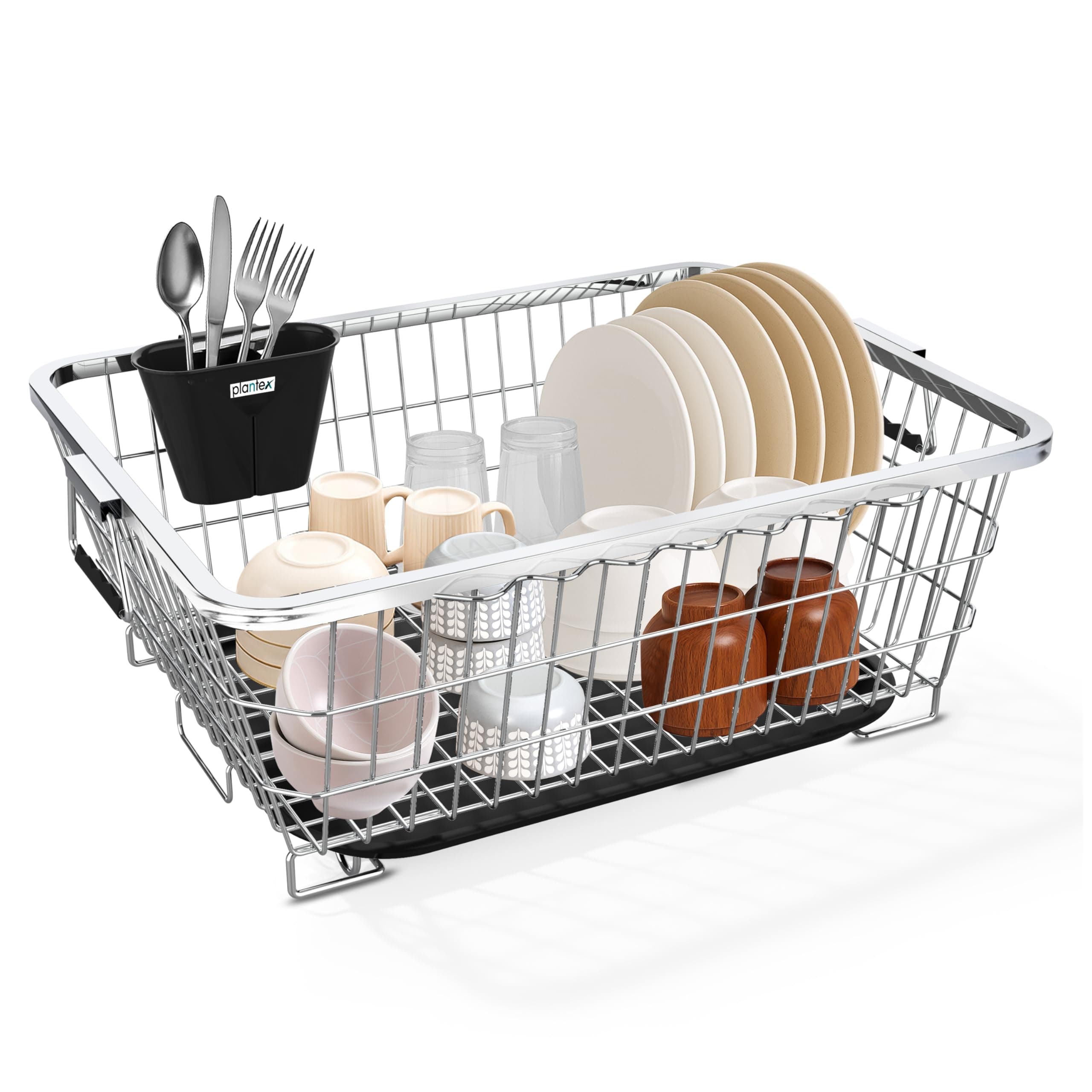 Plantex Stainless Steel Dish Drying Rack/Utensil Drying Rack for Kitchen/Dish Rack with Drainer Tray/Vessel Drainer Basket for Utensils/Bartan Basket Stand (Size- 58.5x44.5x23.5 CM - Chrome Finish)