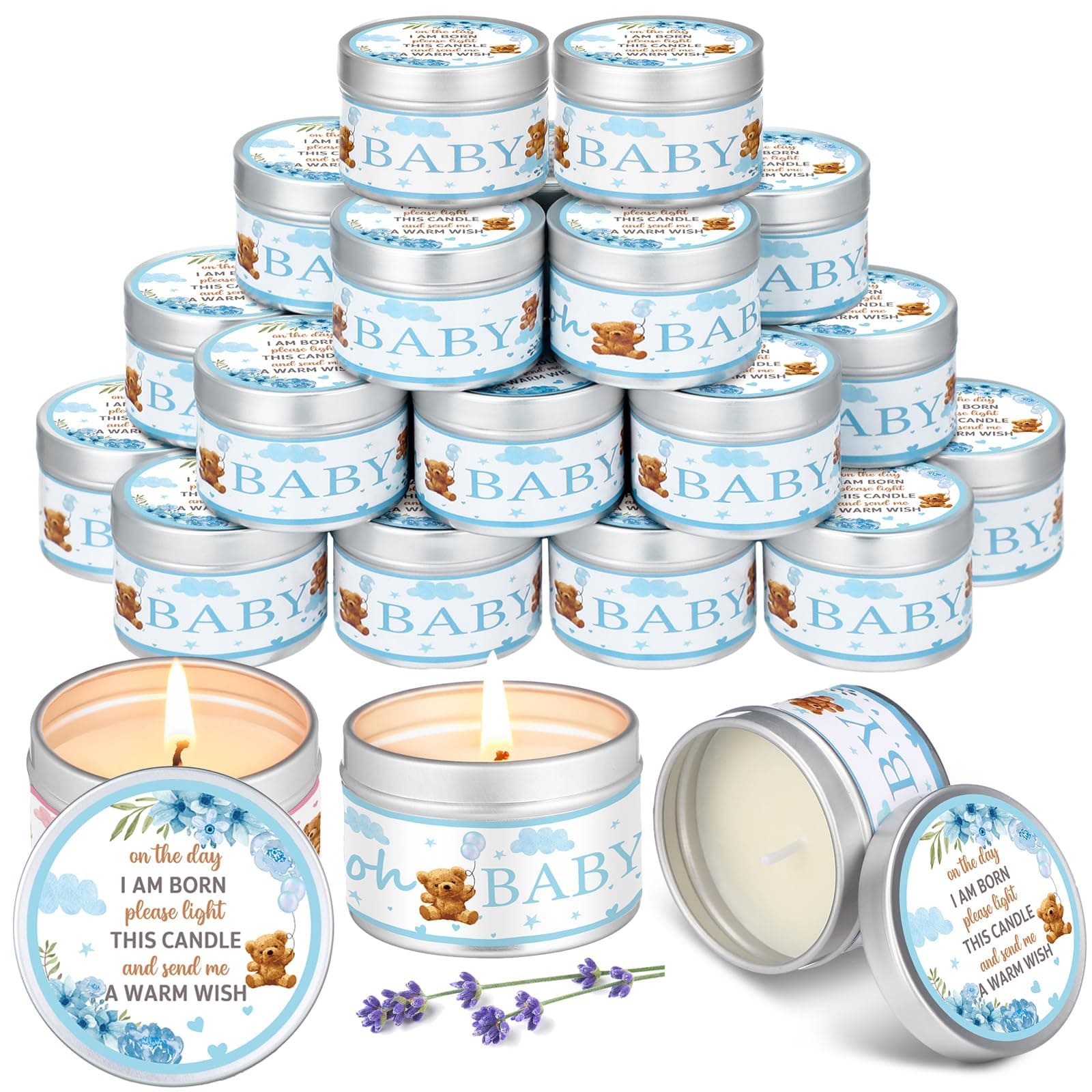 MTLEE 24 Pcs Bear Baby Shower Party Favors Candles Lavender Scented Baby Shower Favors for Guests Rustic Tealights Candles Gender Reveal Return Gifts (1.2 oz, Blue)