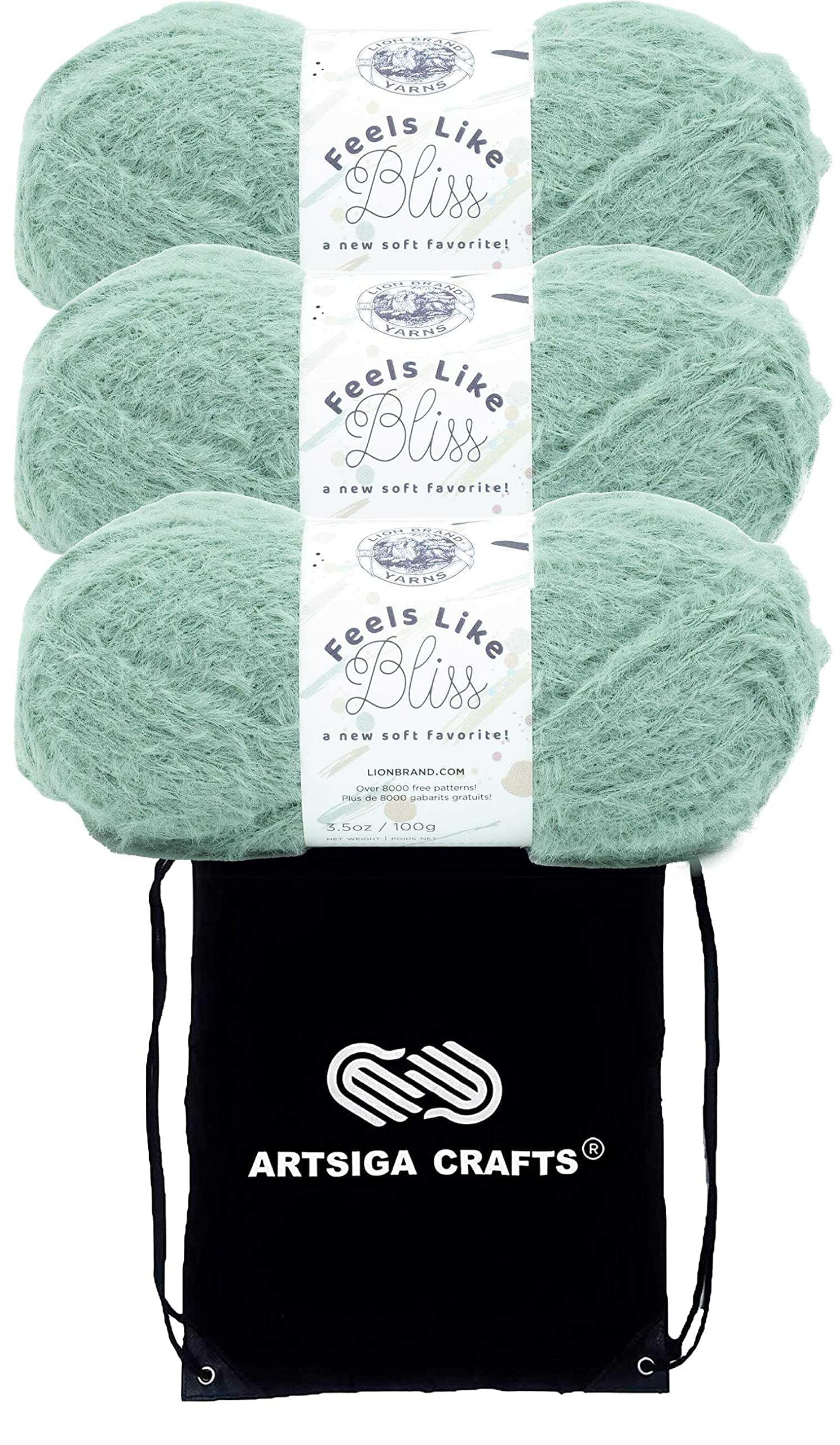 Lion Brand YarnFeels Like Bliss Sage 153-173 (3-Skeins - Same Dye Lot) Chunky Bulky #5 Nylon for Crocheting and Knitting - Bundle with 1 Artsiga Crafts Project Bag