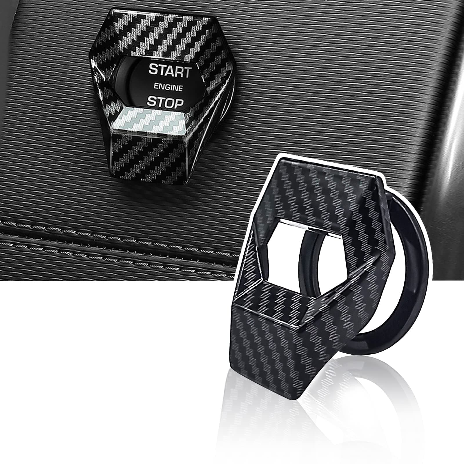 jeseny Universal Carbon Fiber Engine Start/Stop Button Cover, Aluminum Alloy Car Power Control Trim, Push to Start Button Cover Key Protective Cover for Civic CRV XRV Challenger Charger CHR (Black)