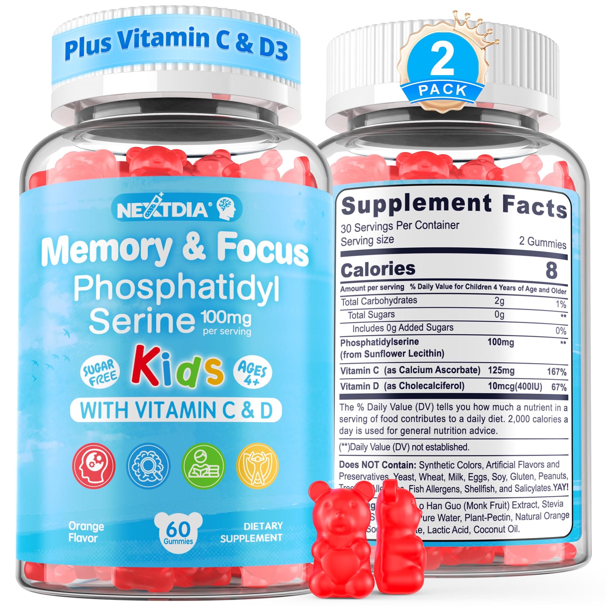 Phosphatidylserine Supplement 100mg, Focus Gummies for Kids Teens + Vitamin C & D3 400IU, Sugar Free Kids Brain Gummies Increase Attention & Concentration, Chewable, Vegan, Gluten Free, Non-GMO 2 Pack