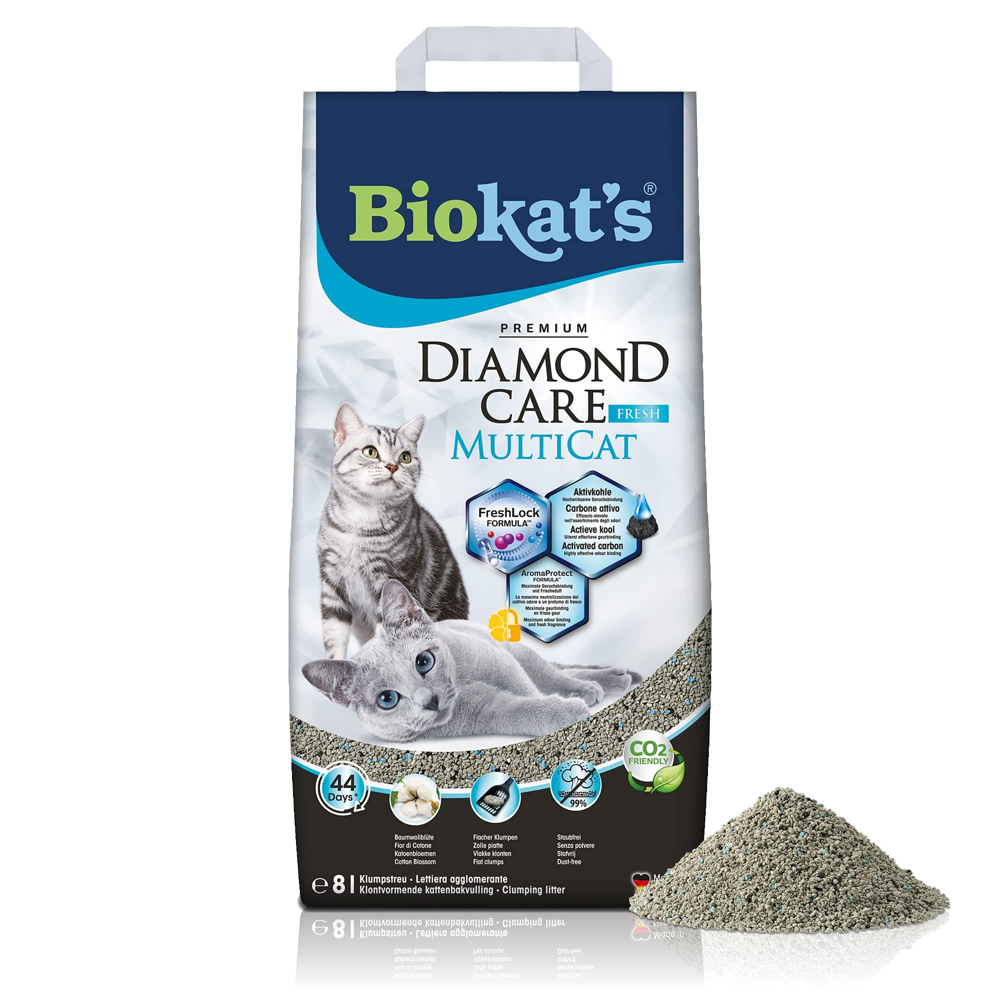 – Biokatʼs Diamond Care MultiCat Fresh with fragrance - Fine cat litter with activated carbon especially for homes with multiple cats - 1 bag (1 x 8 L)