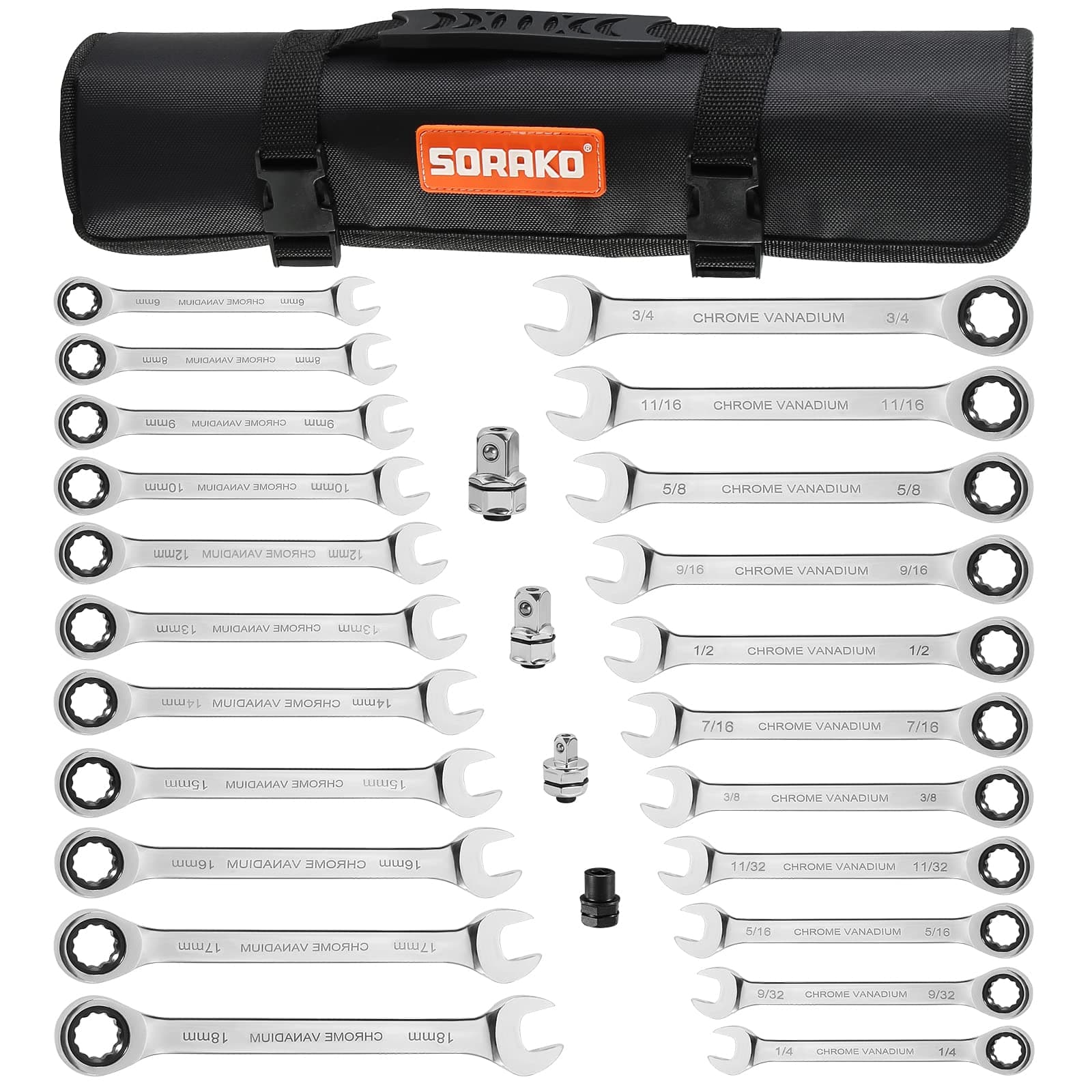 SORAKO Ratcheting Combination Wrench Set, 22 Piece SAE Metric Ratchet Wrench Kit with Bit&Socket Adapter, 1/4″ - 3/4″, 6-18mm, Chrome Vanadium Steel Wrench Set with Carrying Bag