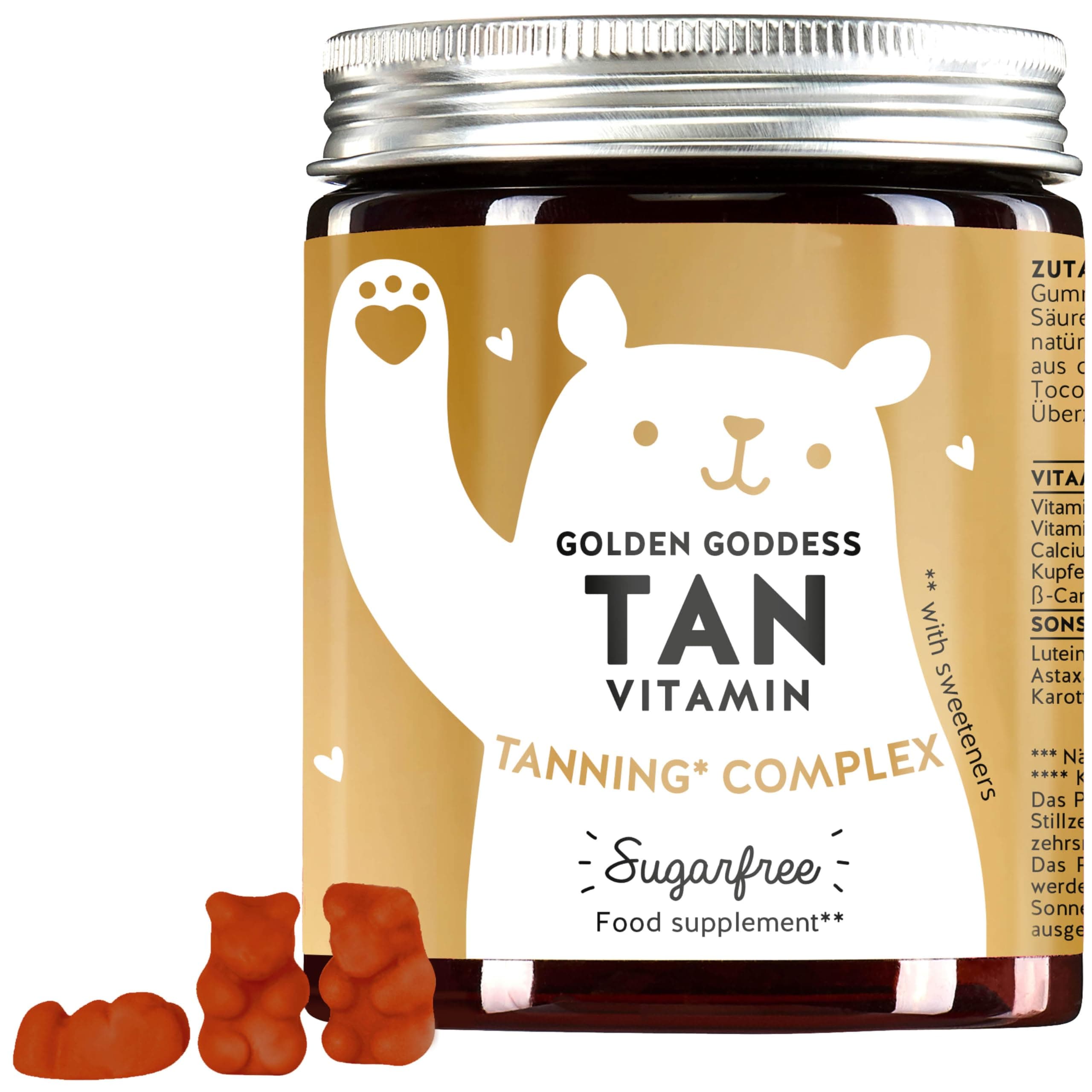 Golden Goddess Tan Vitamin - Tanning Complex - Vitamin C, E, beta-Carotene, Calcium and Copper - 60 Pieces (1 Month Supply) - Sugar Free, Vegan - Bears with Benefits