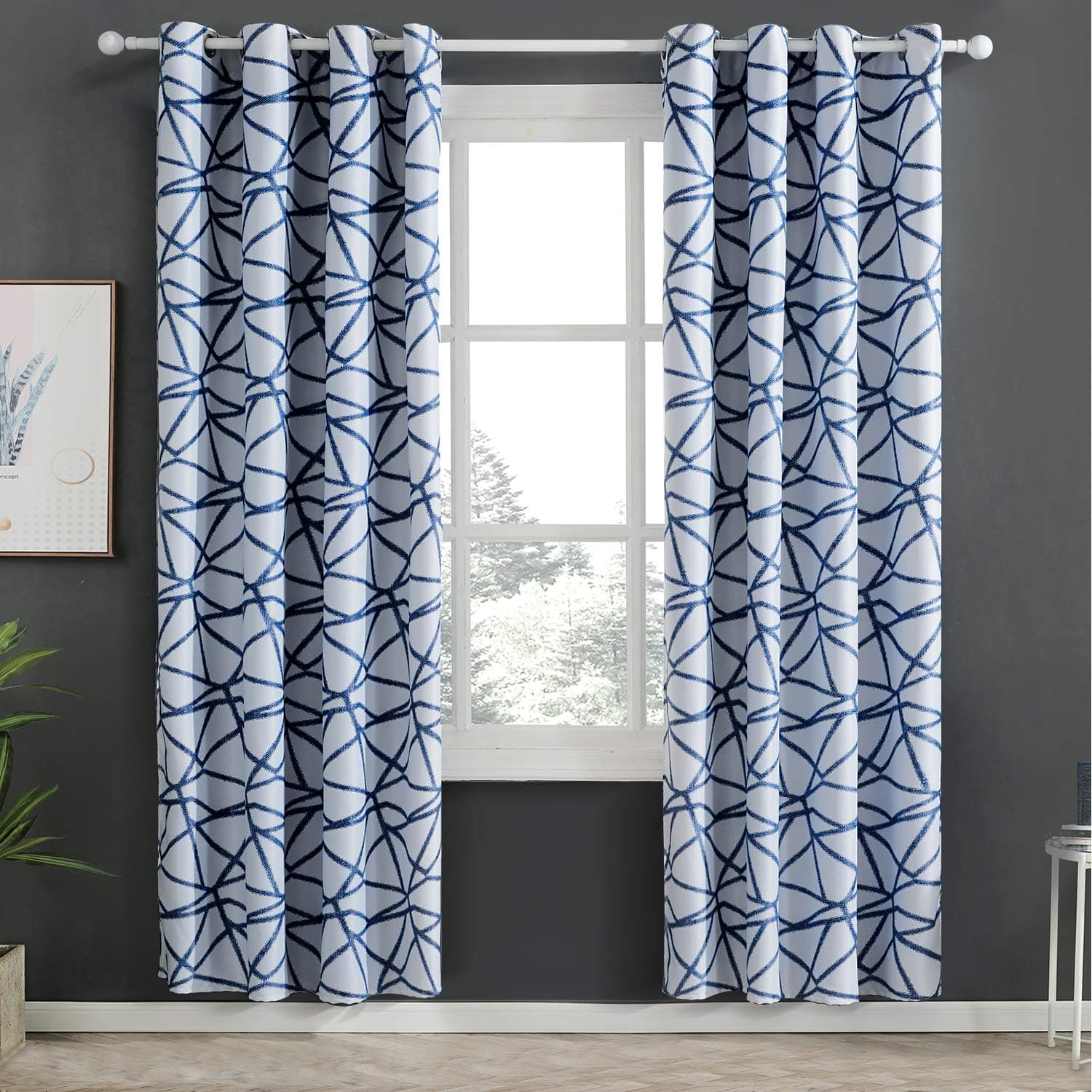Top Finel Printed Room Darkening Curtains 84 Inches Long - Thermal Noise Cancelling Grommet Window Treatments Set Draperies for Living Room, 2 Panels, Navy Blue and White
