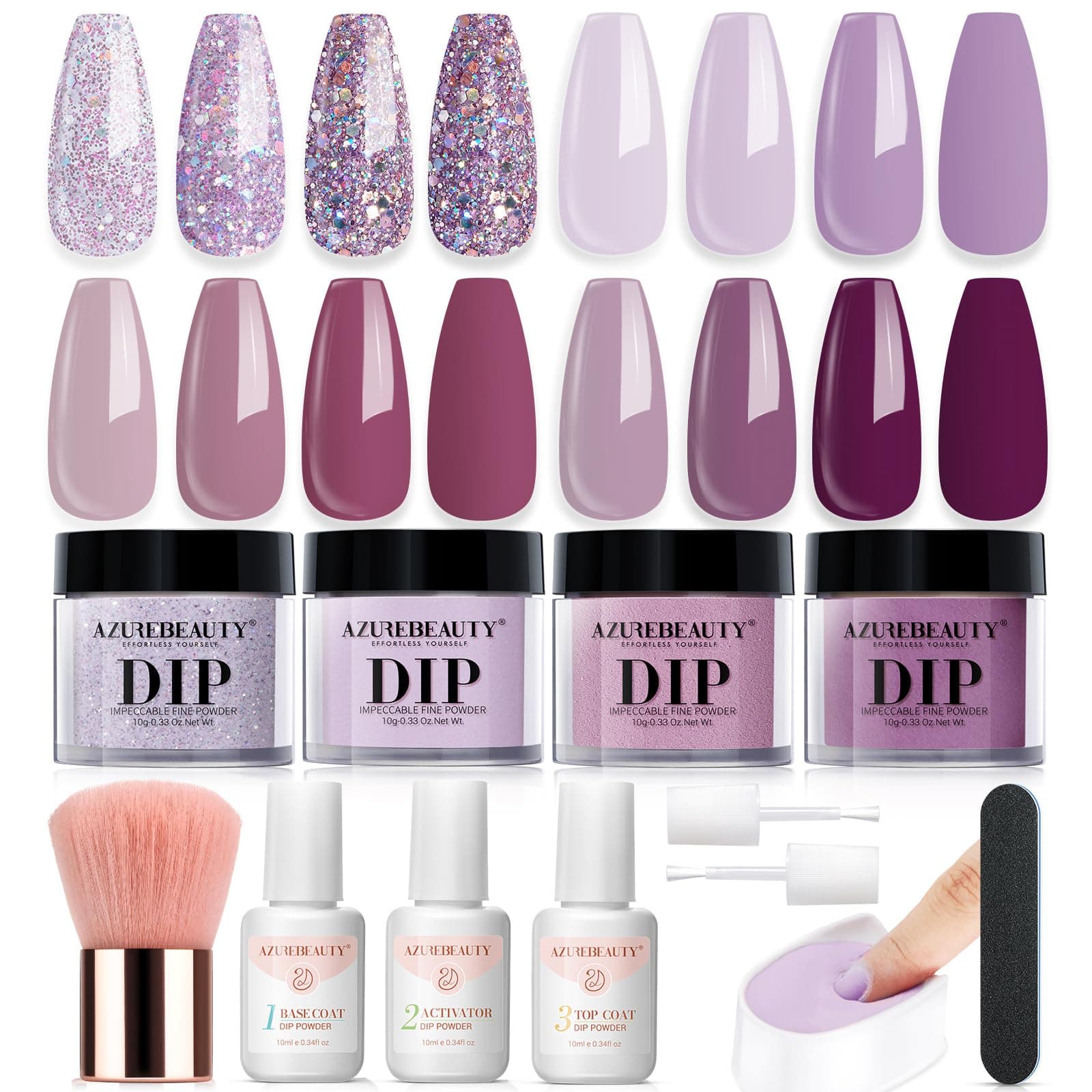 Dip Powder Nail Kit Dark Purple Lilac Purple Glitter 4 Colors Dip Liquid Set with Base/Top Coat Activator for French Art Manicure DIY Gift
