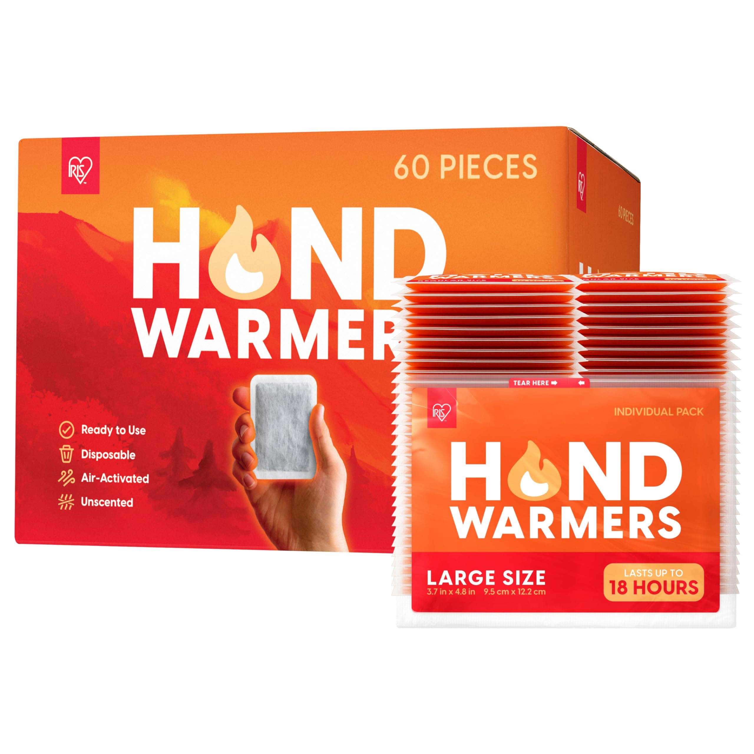 IRIS USA Hand Warmers – Large, 60 Individual Warmers, Long-Lasting Up to 18 Hours for Warm and hot Hands - On The Go, Disposable, Handwarmers for Hands and Feet, Winter Essentials, White