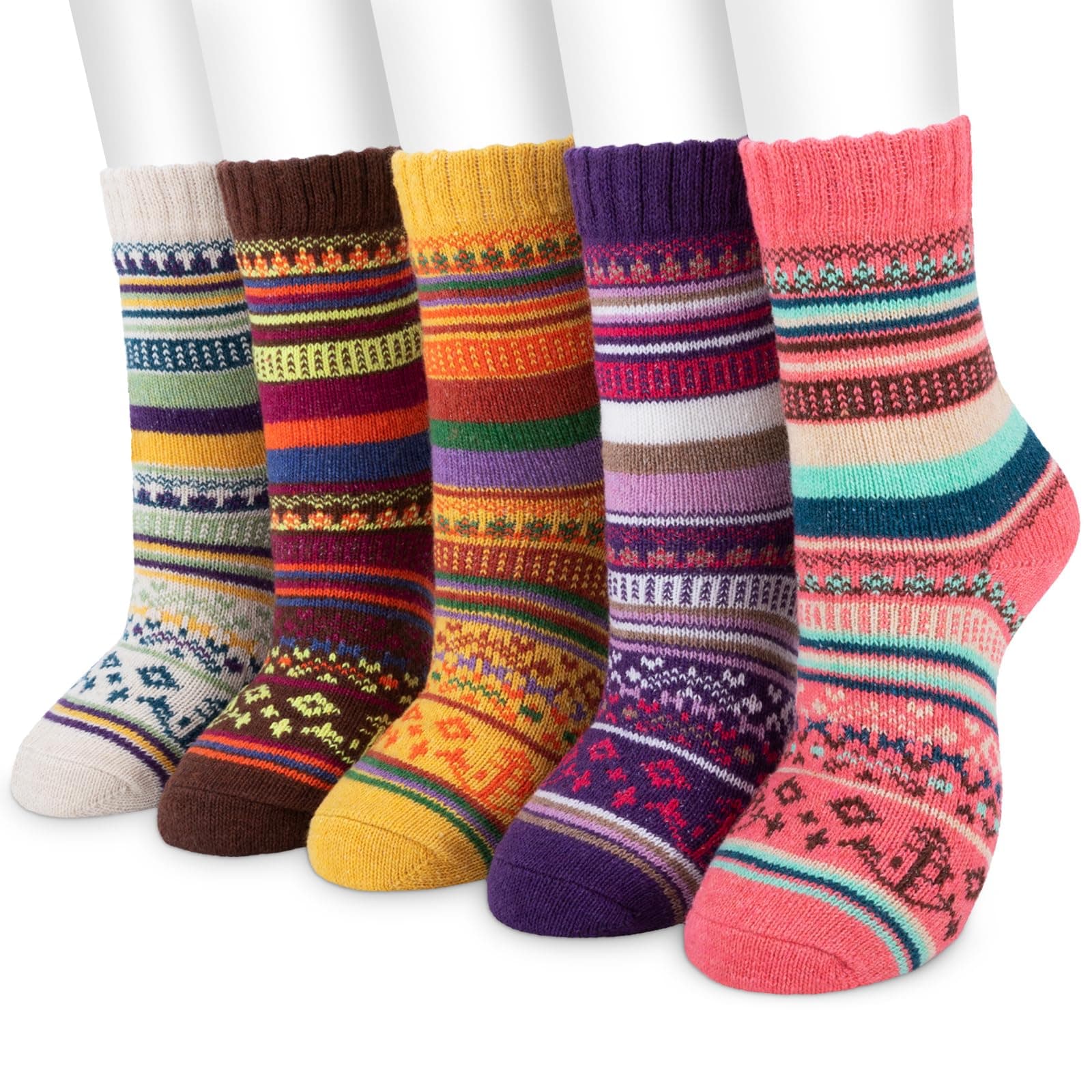 Women Winter Socks, 5 Pairs Thermal Wool Warm Knitting Ladies Socks Vintage Style Cotton Thick Bed Sock Multicoloured for Home Office School, 4/8 UK