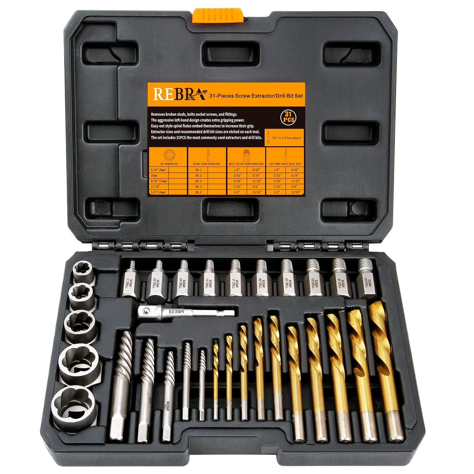 Screw Extractor Set, 37# Cr-Mo & 6542 HSS Steel Cobalt Left-Hand Drill Bit, Easy Out Broken Bolt Remover Reverse, Ez Out Stripped, Rounded-Off, Damaged Bolts, Screws&Studs Removal Tool (31-Pieces)