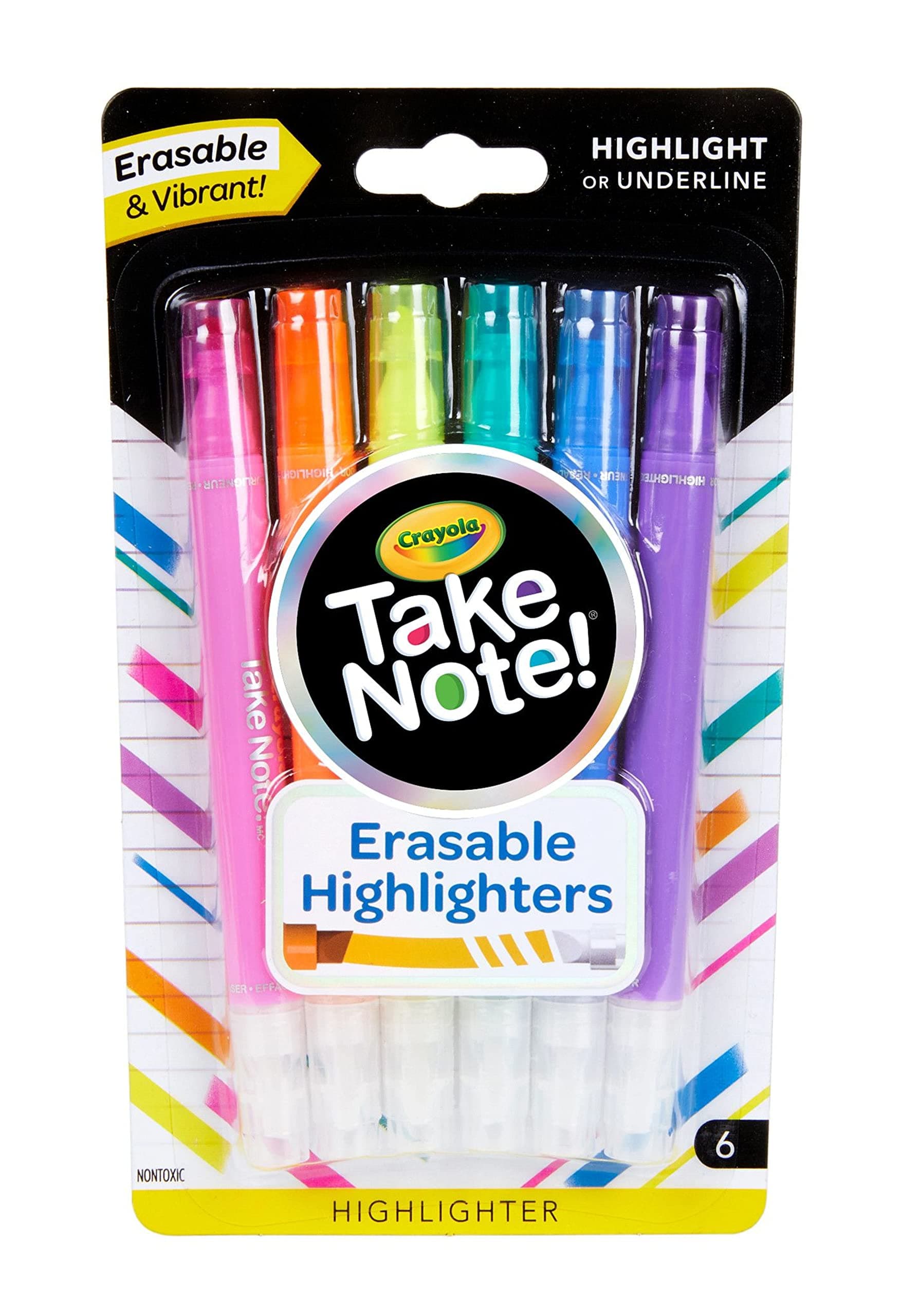 Take Note Erasable Highlighters (6ct), Assorted No Bleed Highlighters, Chisel Tip Marker Set, For Organizing & Coloring, Gifts