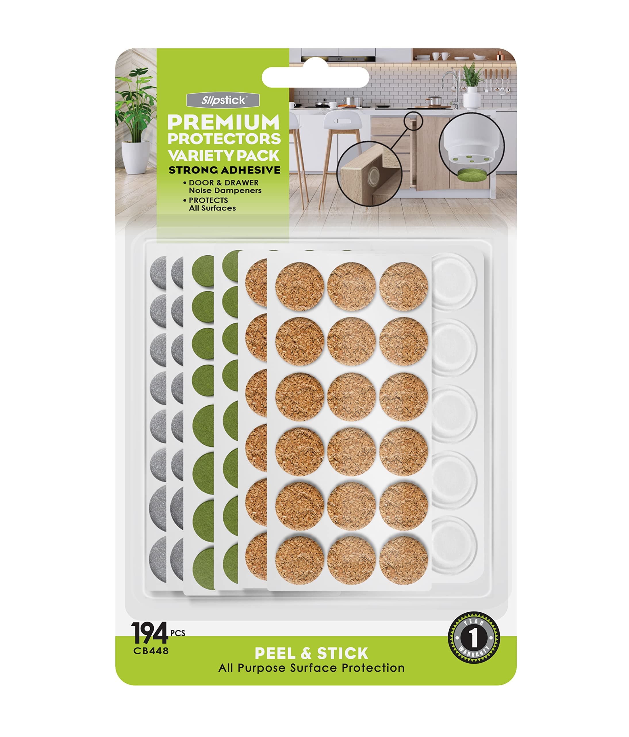 Premium Adhesive Protector Pads Variety Pack (196 Piece) Cabinet Door Drawer Bumpers and Small Universal Surface Protector Pads, Clear Rubber, Foam, Cork, and Green Felt Protectors