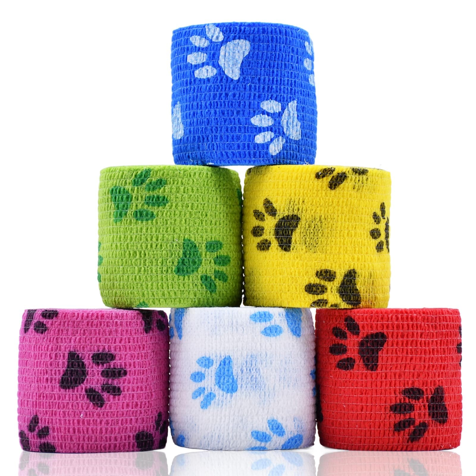 6 Roll 2 Inch x 5 Yards Paw Print Pet Vet Wrap for Dogs Cats, Cohesive Bandages in Bulk, Colorful Non-Woven Self Adhesive Bandages Wrap Roll for Pet Animals Wound Care, Ankle Sprains and Swelling
