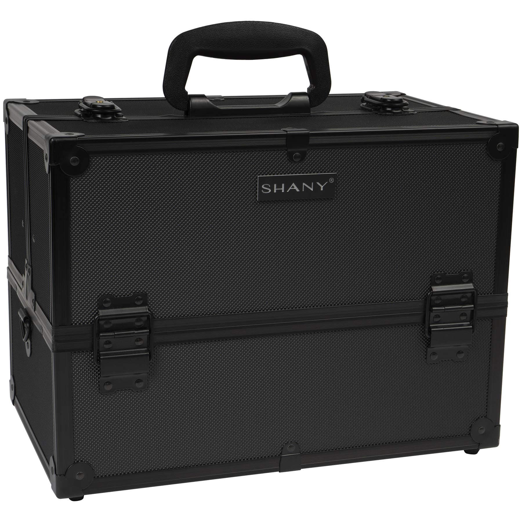 SHANY Essential Pro Makeup Train Case Cosmetic Box Portable Makeup Case Cosmetics Beauty Organizer Jewelry storage with Locks, Multi Compartments Makeup Box and Shoulder Strap - All Black
