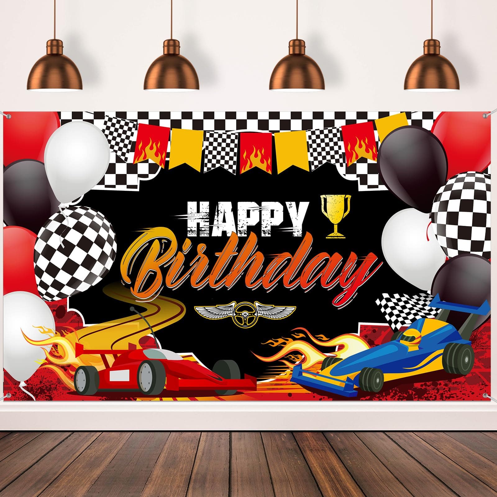 Car Racing Happy Birthday Backdrop Car Themed Birthday Party Decorations Racing Party Photo Background Theme Party Supplies for Birthday Party Photography Decor, 72.8 x 43.3 Inches