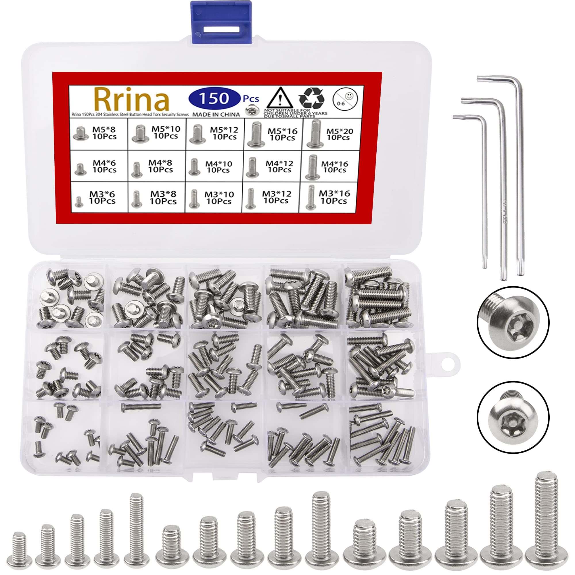 150Pcs 304 Stainless Steel Button Head Torx Security Screws Tamper Resistant Screw Assortment Set, M3 M4 M5 with 3 Wrench(T10 T20 T25)