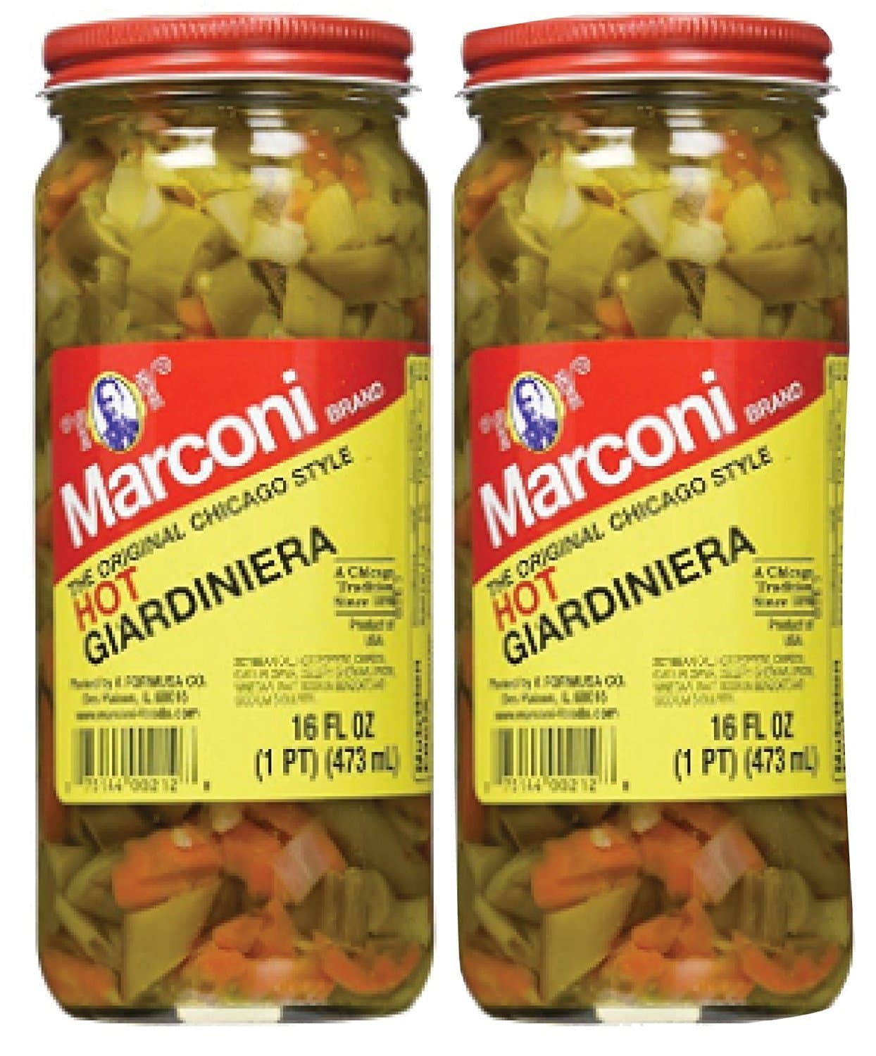 Hot Giardiniera, Chicago Style Vegetable Mix with Peppers, Carrots, Cauliflower, Celery Gherkins, Bulk Jar, 16oz, (2pack)