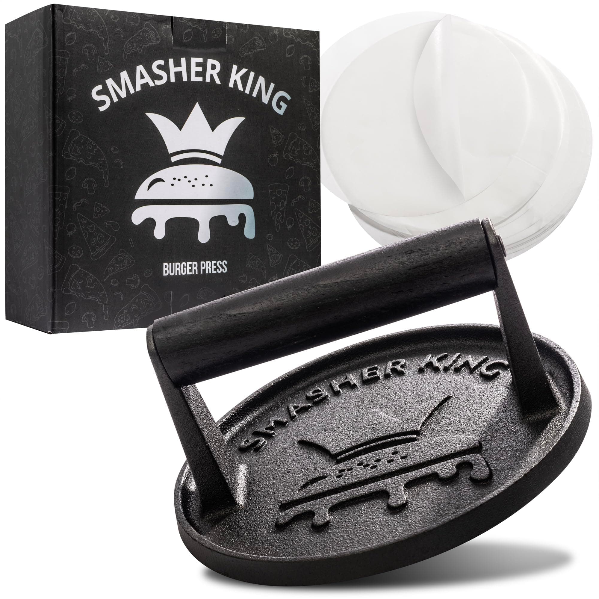 Premium Cast Iron Smash Burger Press incl. 25 pcs of Patty Paper, Burger Smasher for Griddle with Black Wood Handle, Perfect Hamburger Press