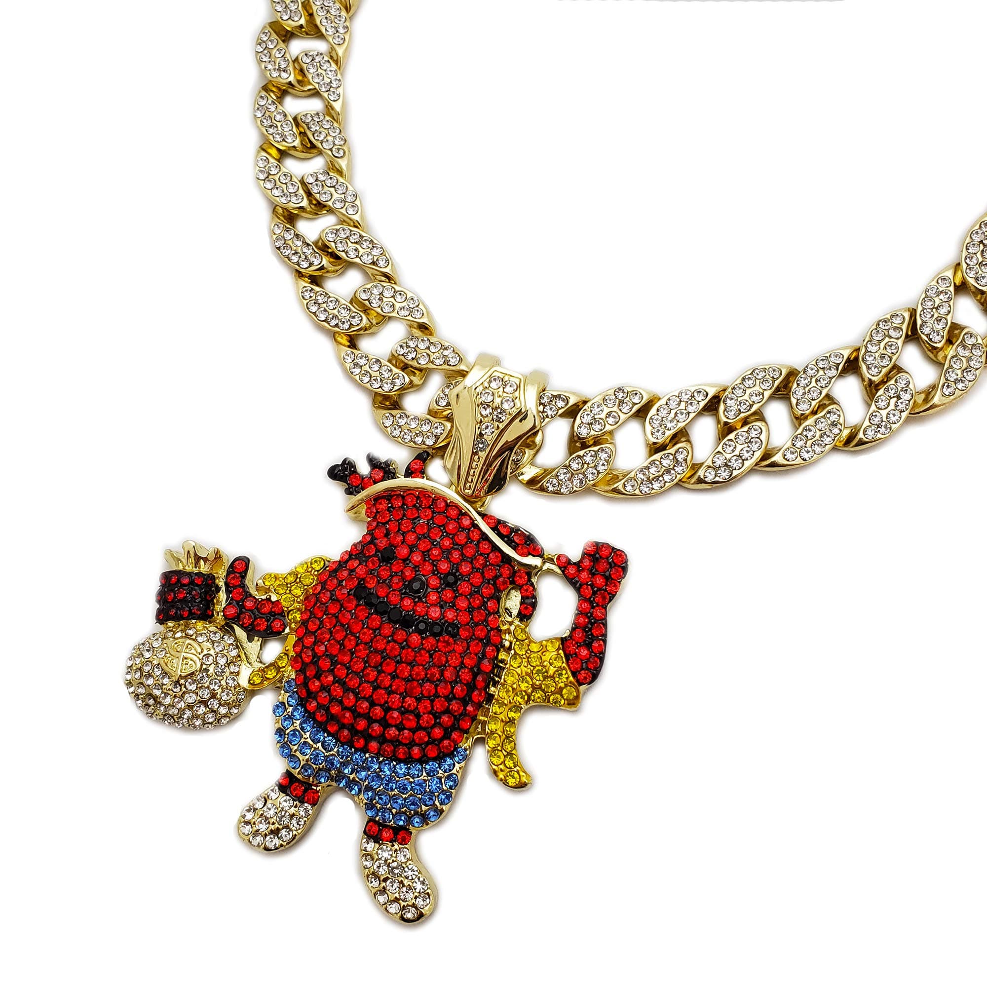 Hip Hop KOOL AID MAN Holding Money Bag Pendant & 18" Iced Cuban Link Choker Chain Necklace