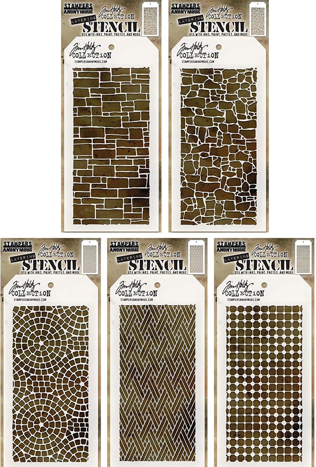 Tim Holtz - Stencils Set 11 - Five Item Bundle - Spring 2017 Release - Slate, Stone, Mosaic, Woven, and Grid Dot