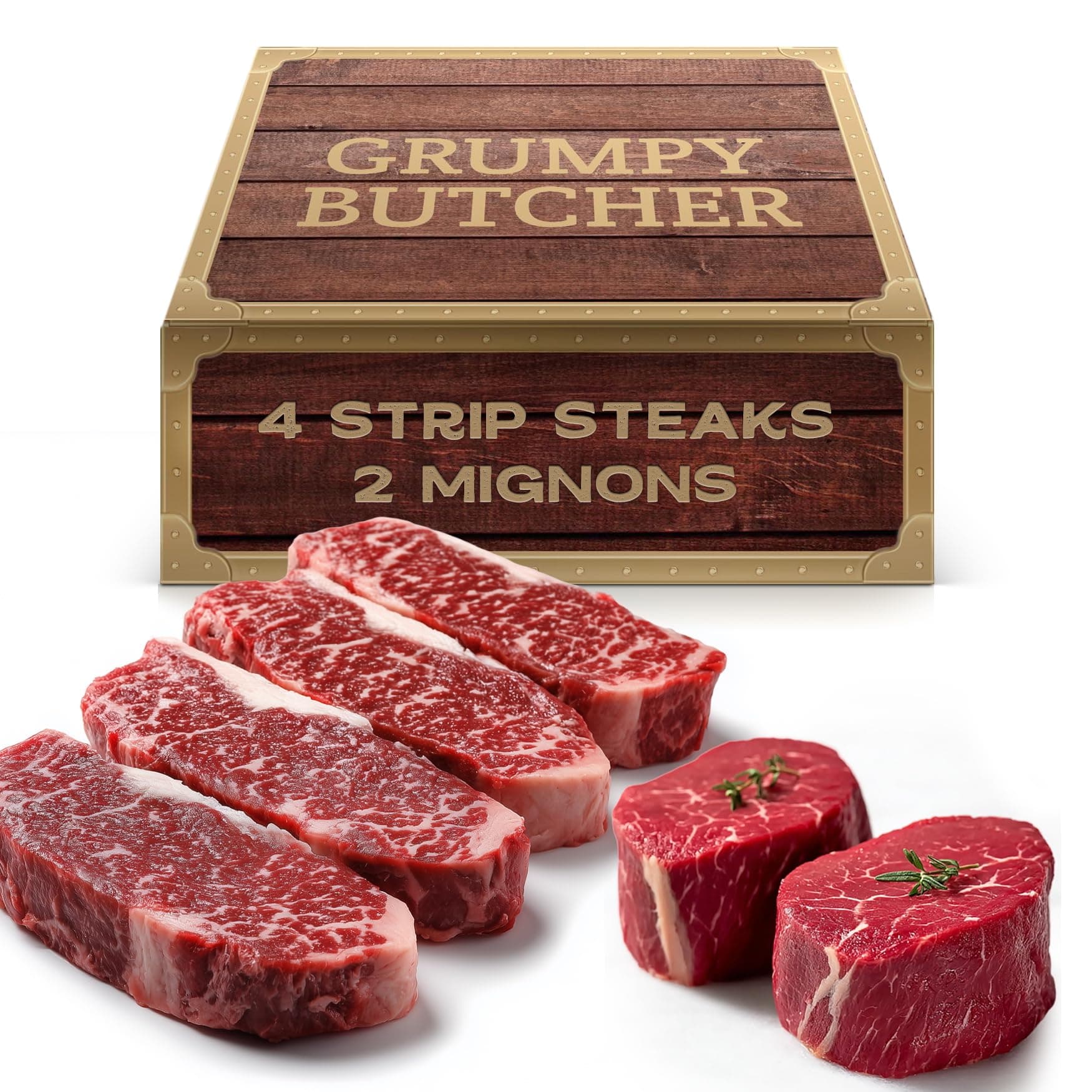 Grumpy Butcher 6 Steaks Sampler Set Gift Box: 2 Large Filet Mignons & 4 New York Strip Steaks - Prime Steakhouse Quality - Gourmet Food Gifts Packages Specials Carne Asada