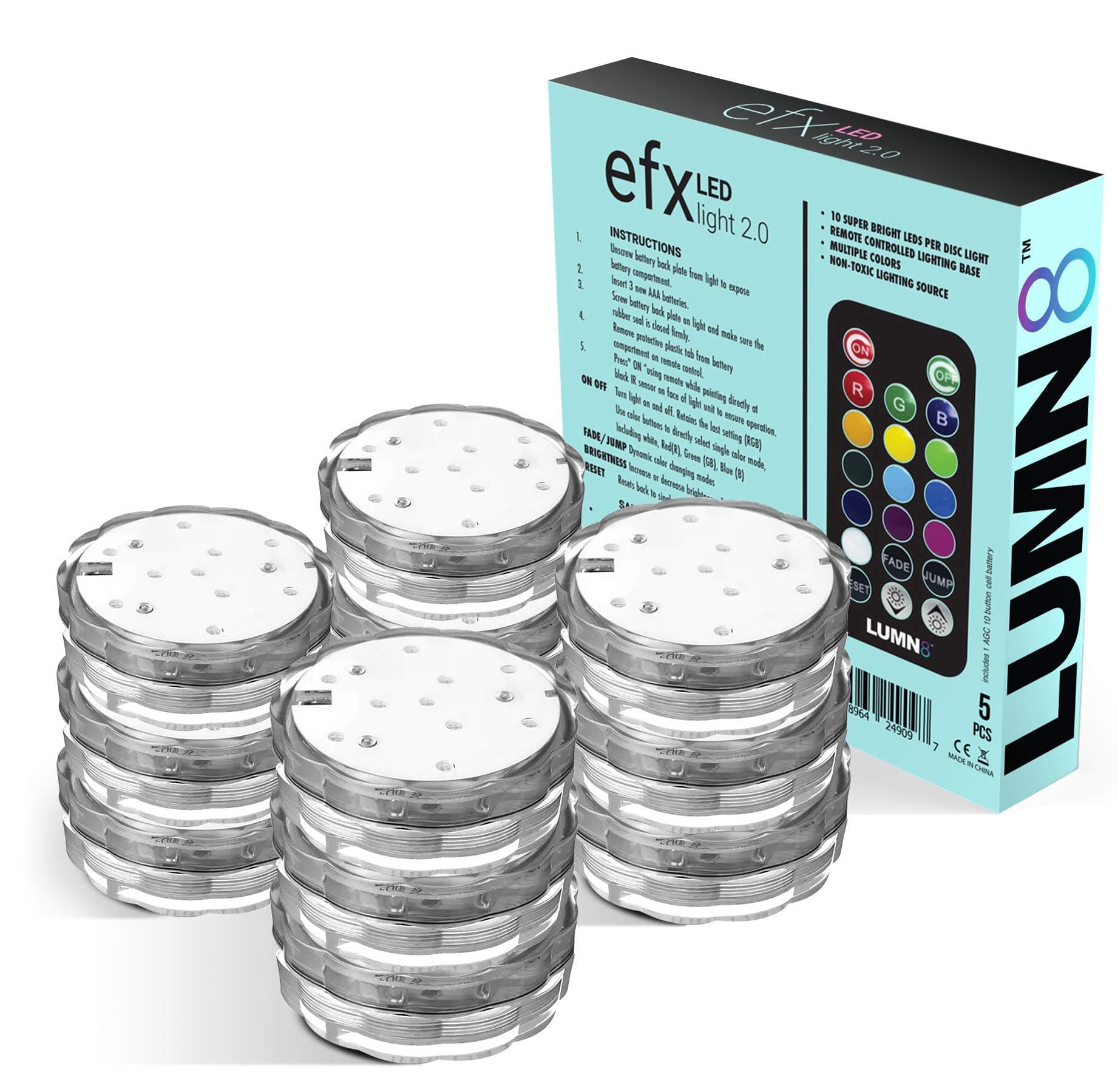 LUMN8 EFX by Boundery - Multicolor Accent Submersible, Waterproof LED Lights - Premium Indoor & Outdoor Battery Operated Lights - LED Puck Light for Events, Patio, Pool, Hot Tub, Shower - 12-Pack