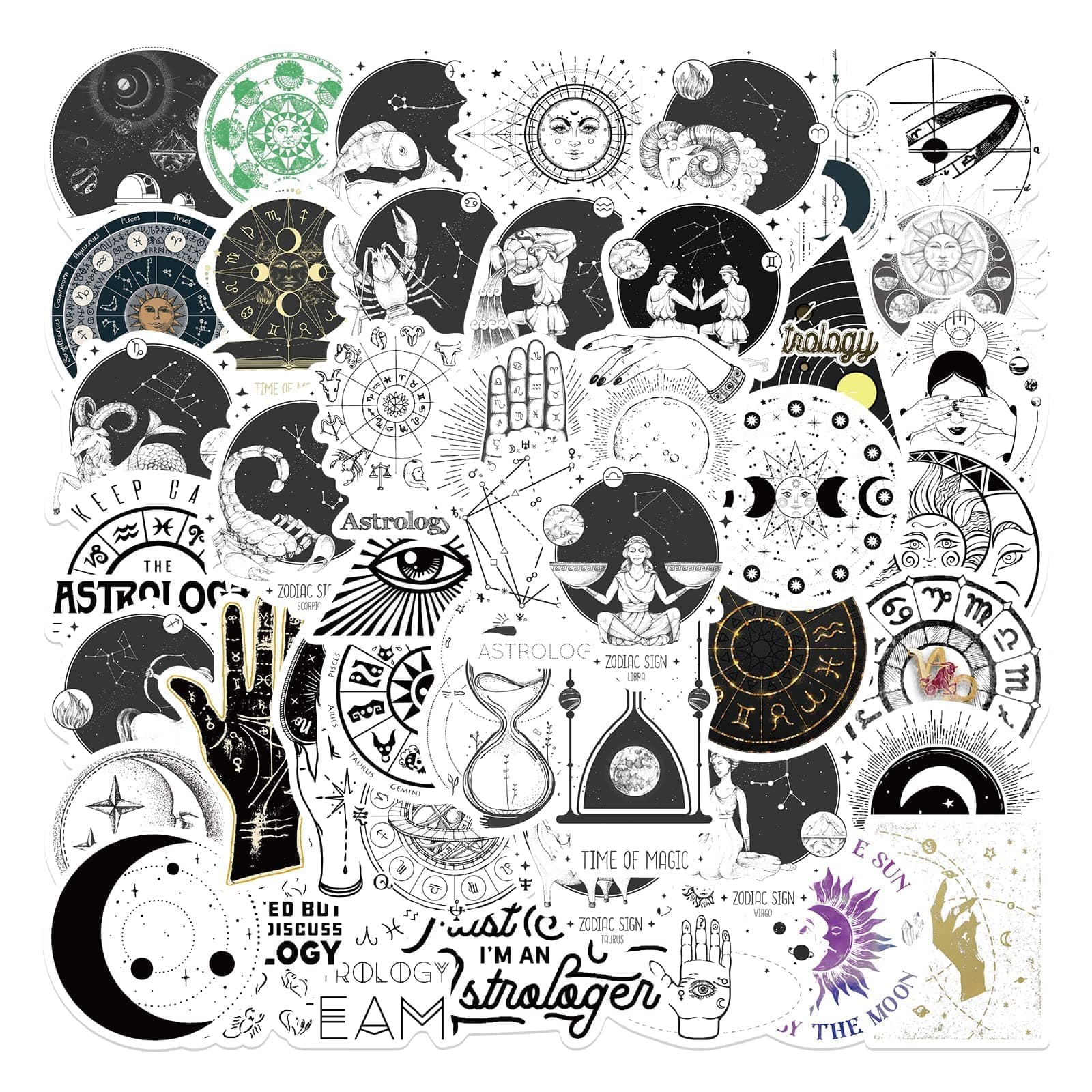 50 PCS Astrology Stickers - Vintage Aesthetic Magic Zodiac Celestial Stickers for Water Bottles, Laptops, Scrapbooks, Skateboards, Phones - Gifts for Kids, Teens, Adults