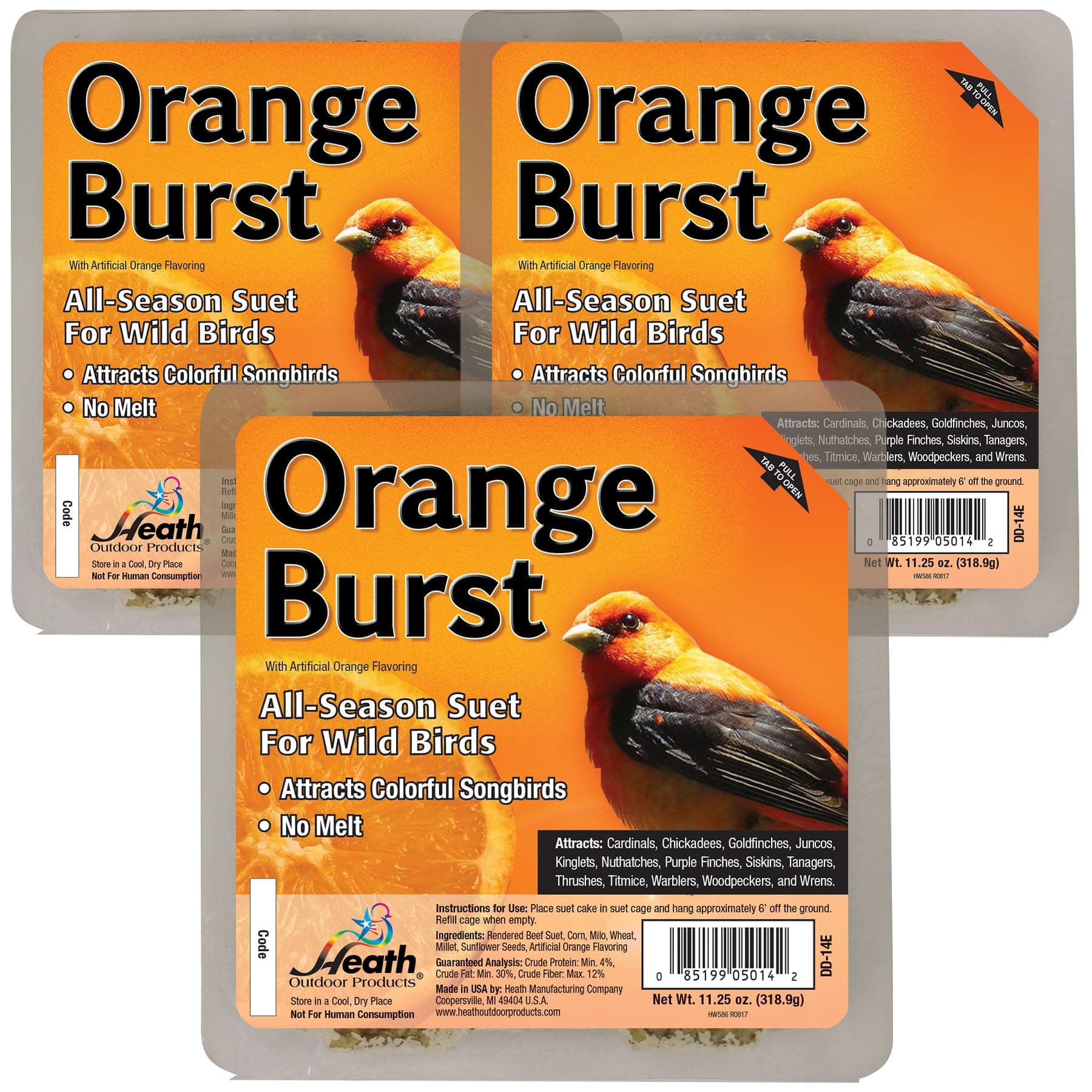Heath Outdoor Products Orange Burst Suet Cakes Sample Pack, Contains 3 Suet Cakes, Try It, Your Birds Will Love it, for Woodpeckers, Cardinals, Siskins, Sparrows, Finchs & Many More Wild Bird Species