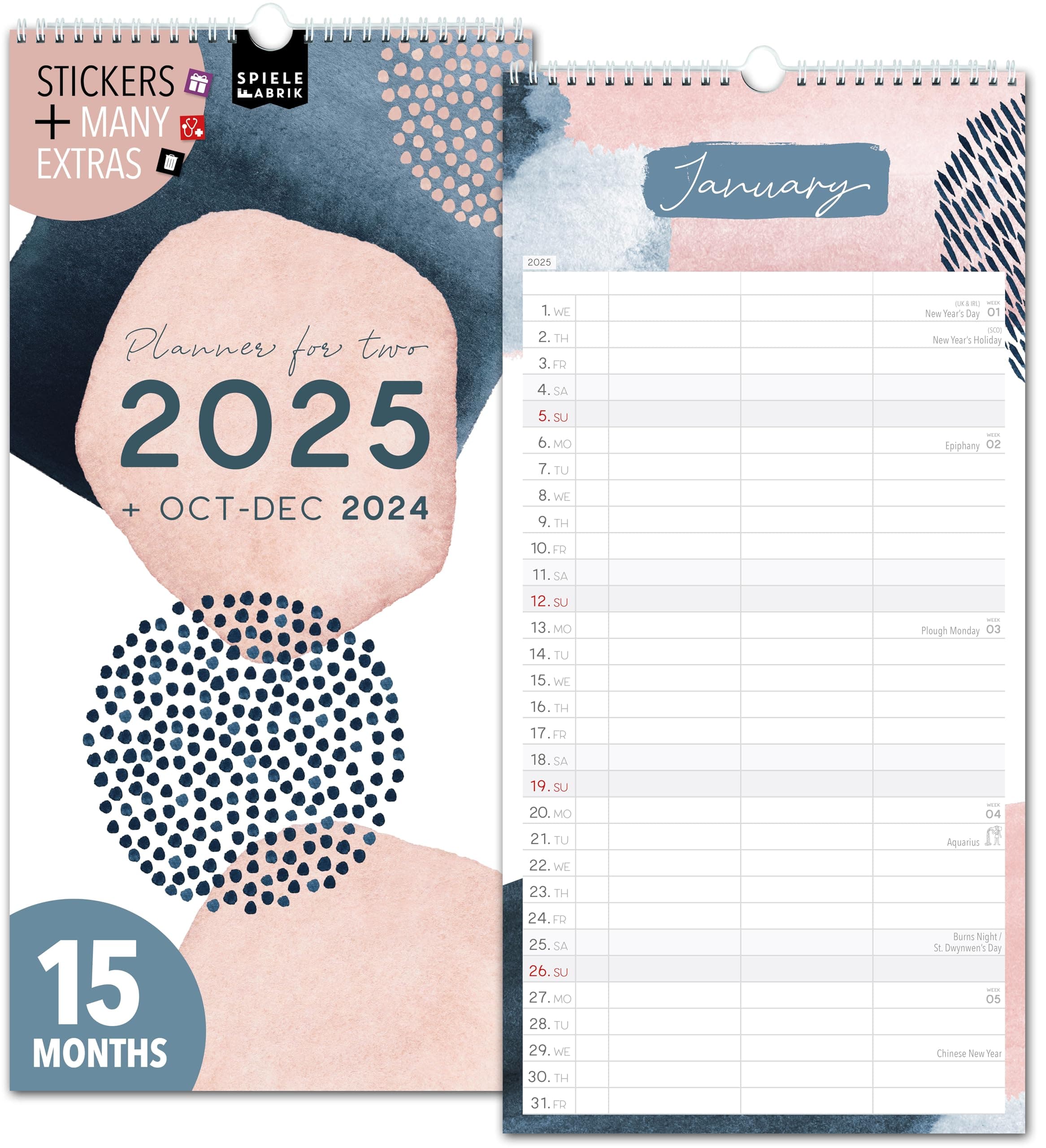 Couple planner 2025 3 columns PASTEL planner for two 2025 and Oct-Dec 2024, partner calendar 16x32,5cm, calendar for couples 2025, wall planner 2 persons simple, minimalistic, design