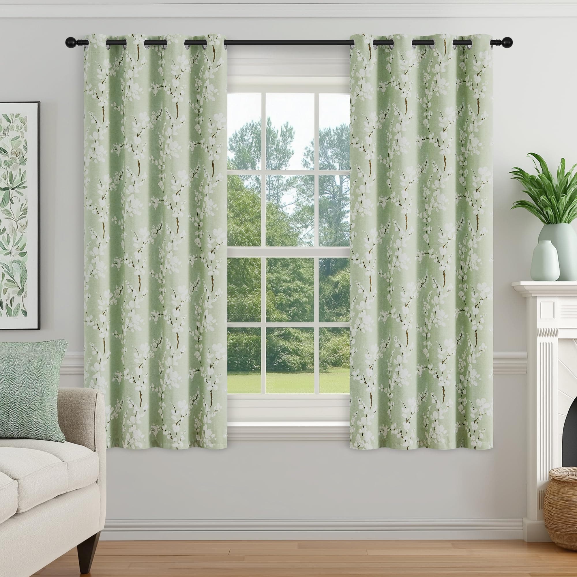 Fmfunctex Green Floral Blackout Curtains for Bedroom 54 inch Drop Eyelet Curtains for Living Room Nursary Blossom Thermal Insulated Window Curtain Panels 2 Panels White on Green