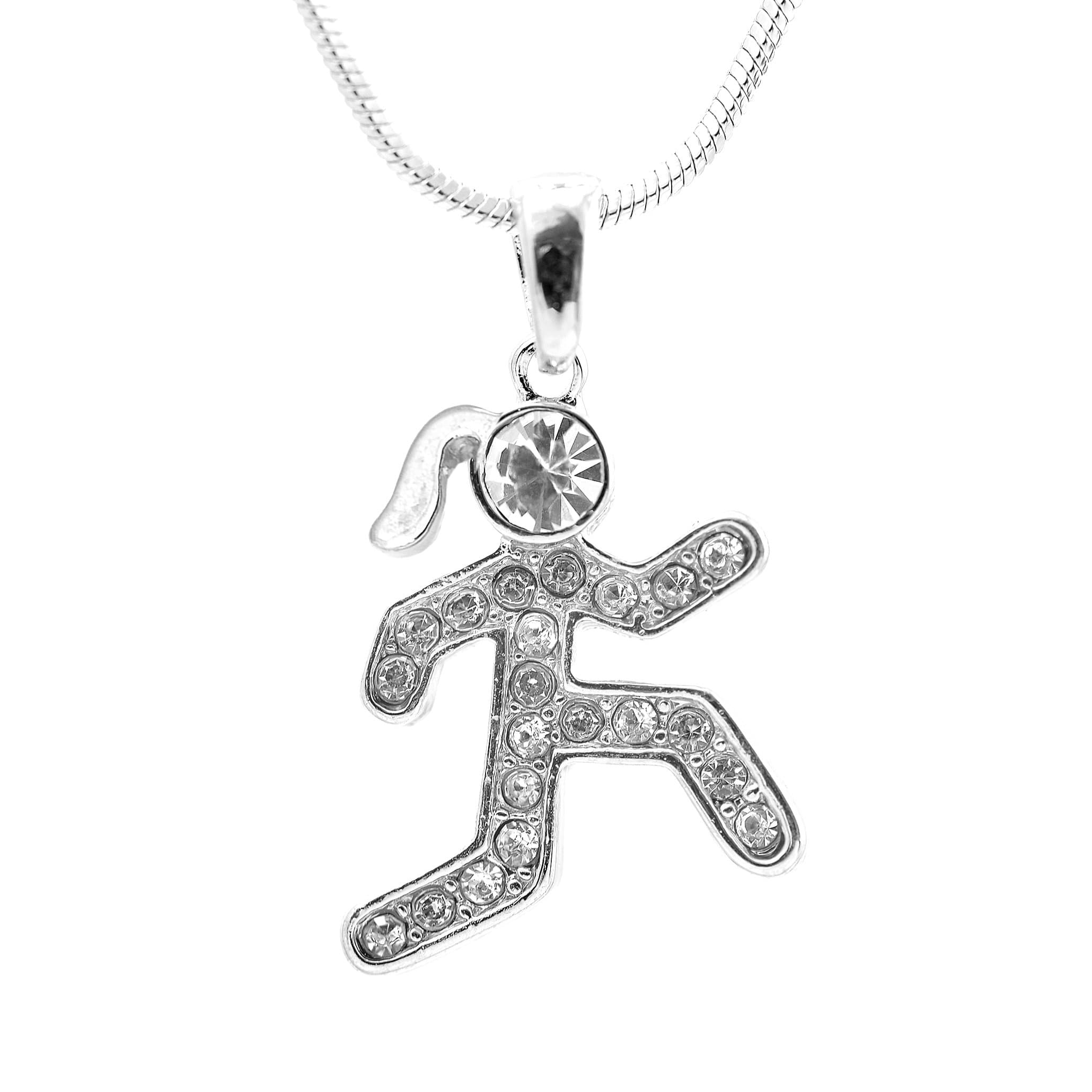 Silver Plated Crystal Man and Woman Runner Figure Necklace, Brass